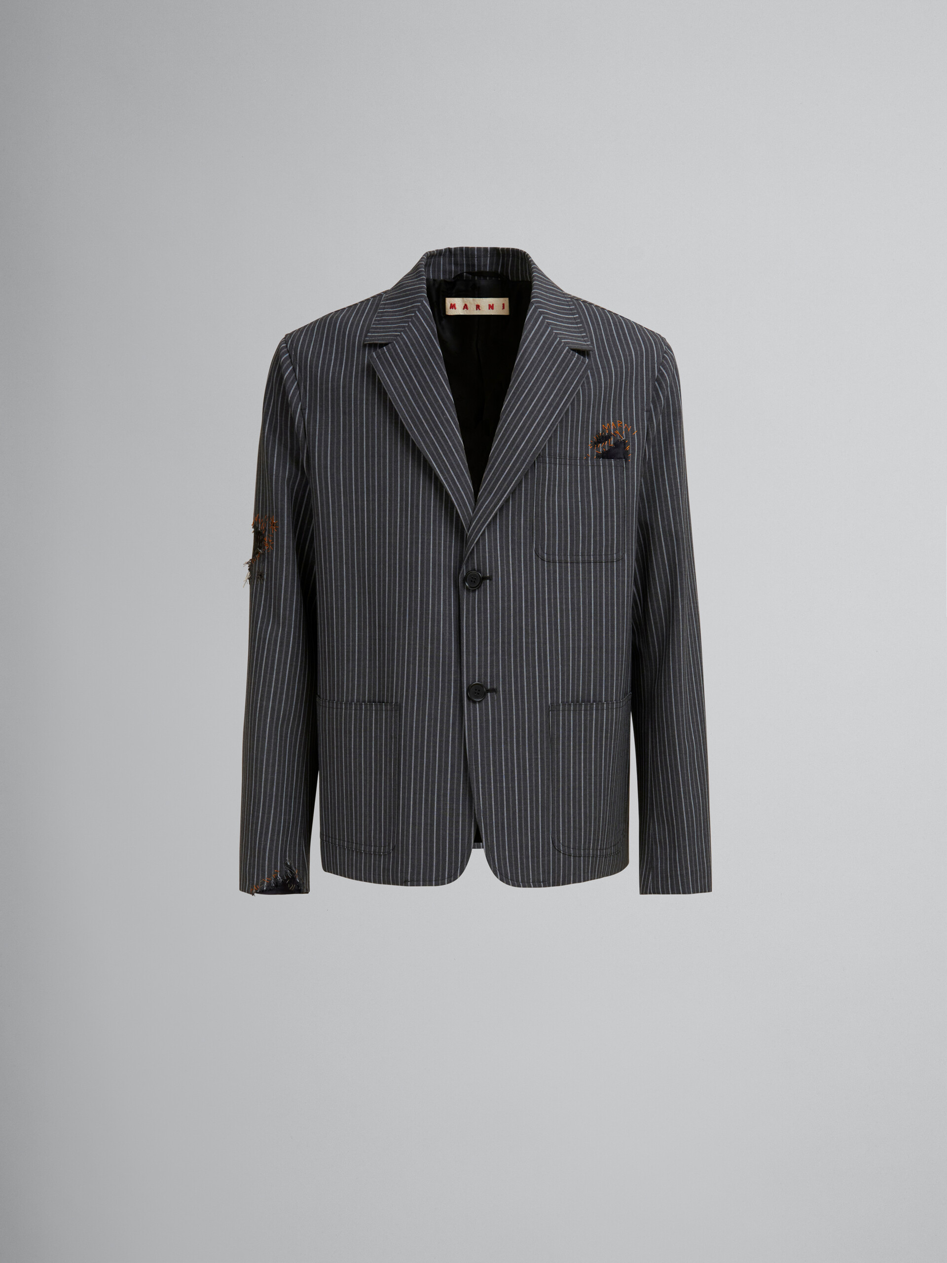 Blazer en laine noire à fines rayures avec patch effet raccommodé Marni - Manteaux - Image 1