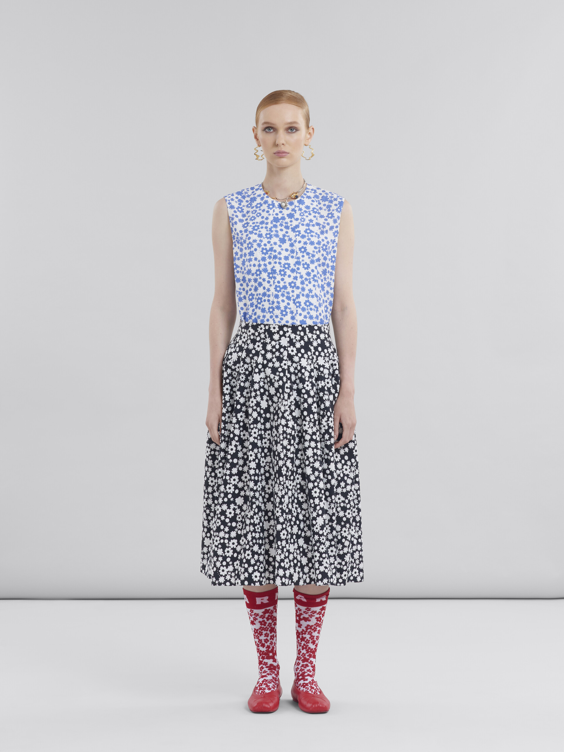 Poplin midi skirt with white and light blue Pop Fields motif - Skirts - Image 2