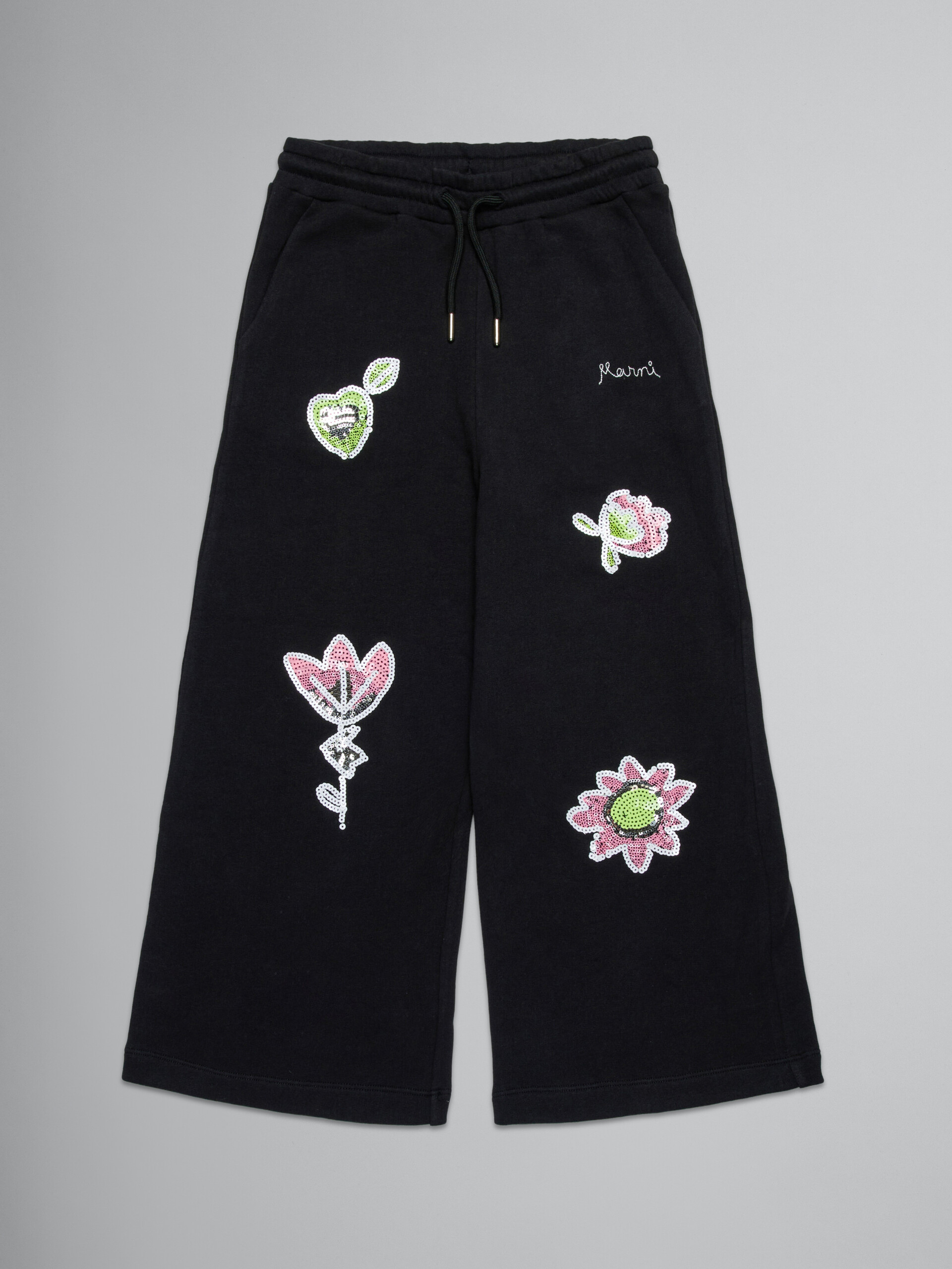 Black fleece wide trousers with sequined flowers - Pants - Image 1