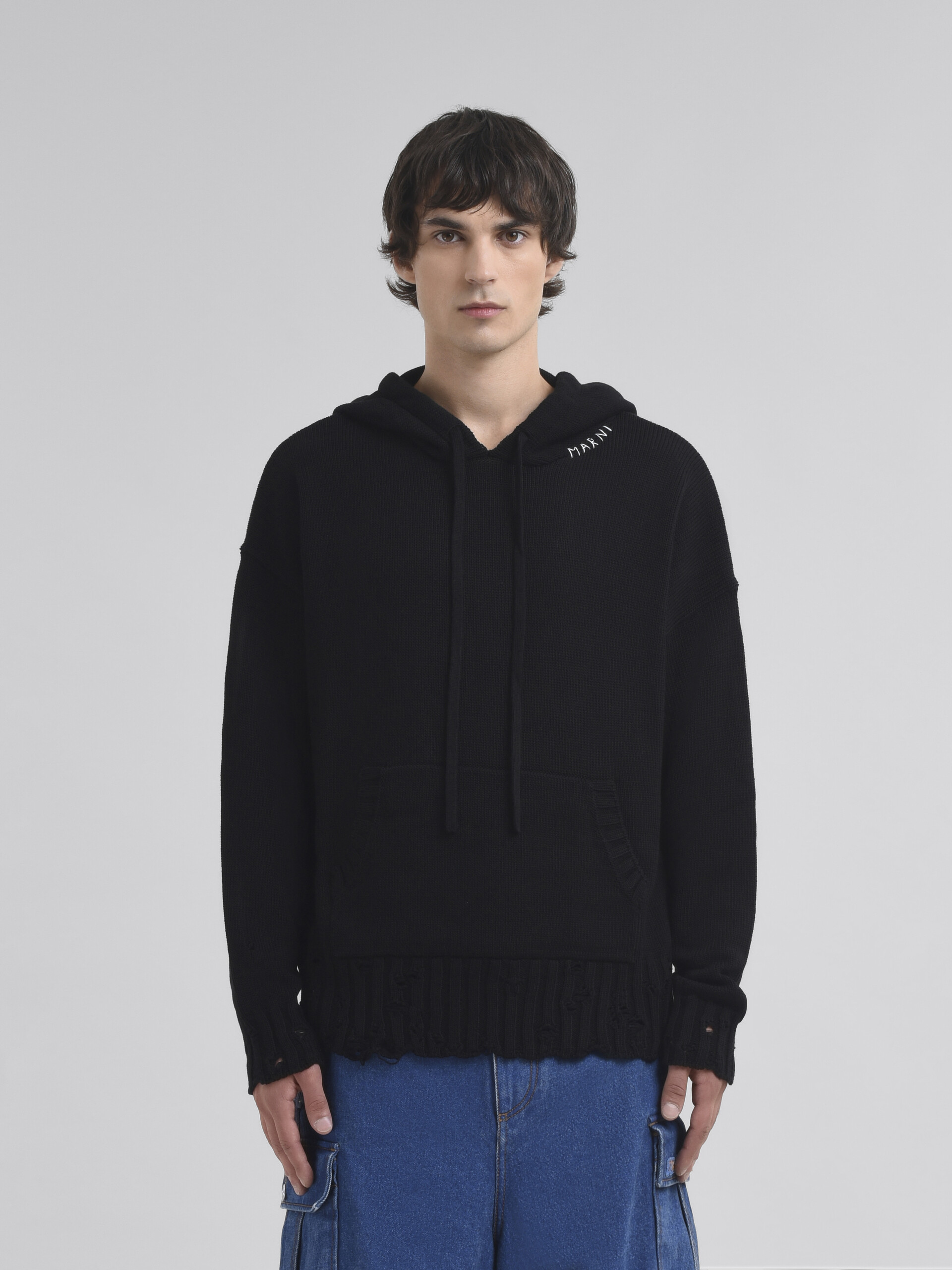 Black dishevelled cotton hoodie with Marni Mending - Pullovers - Image 2