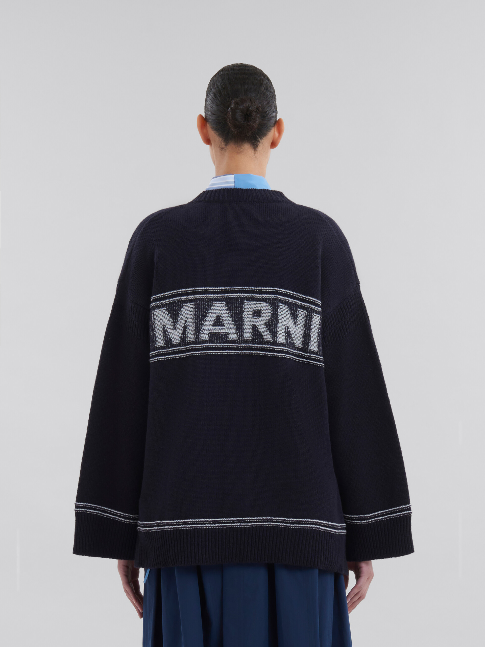 Navy wool cardigan with maxi logo - Pullovers - Image 3