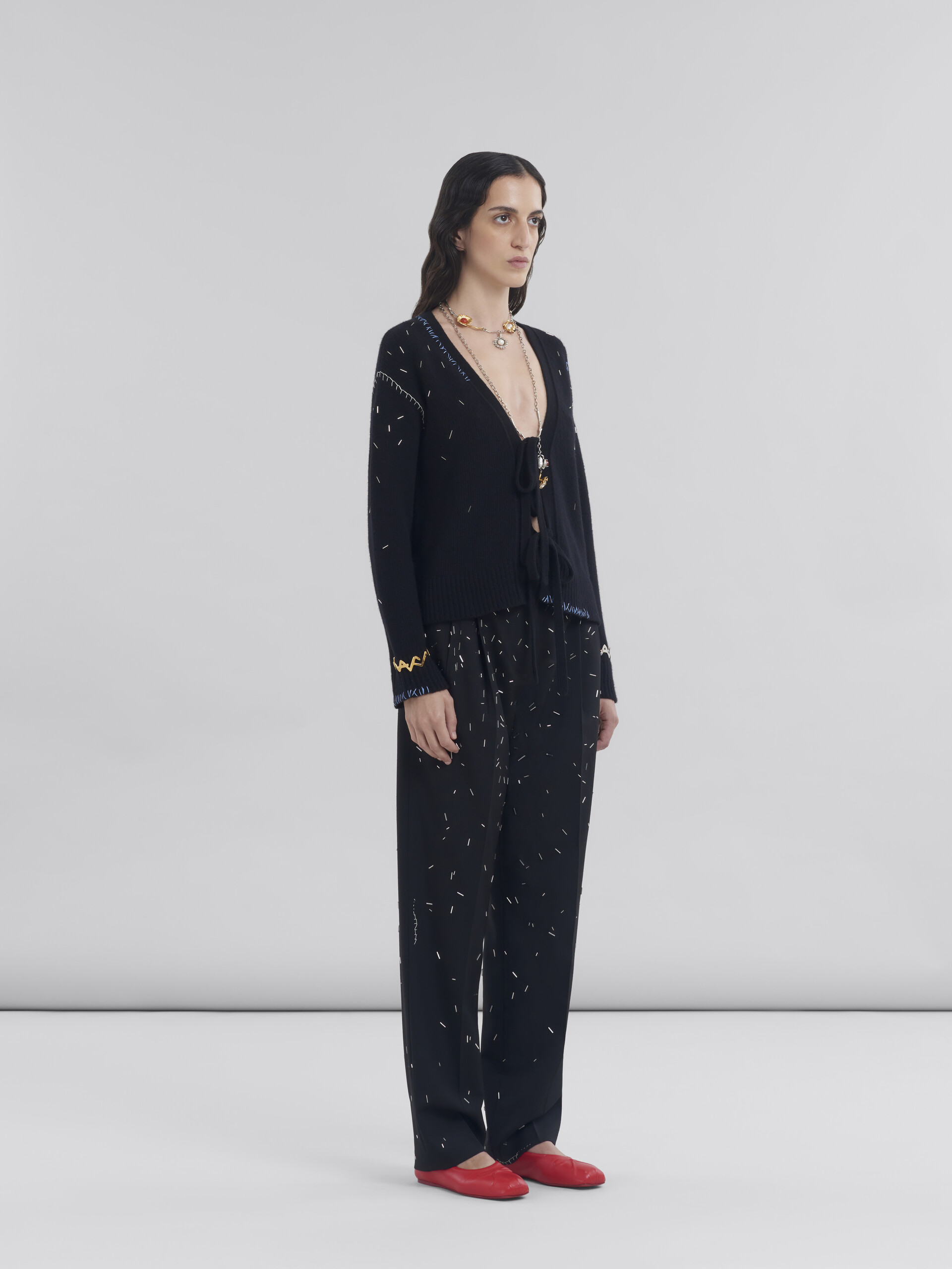 Black straight cut wool trousers with bead detail - Pants - Image 5