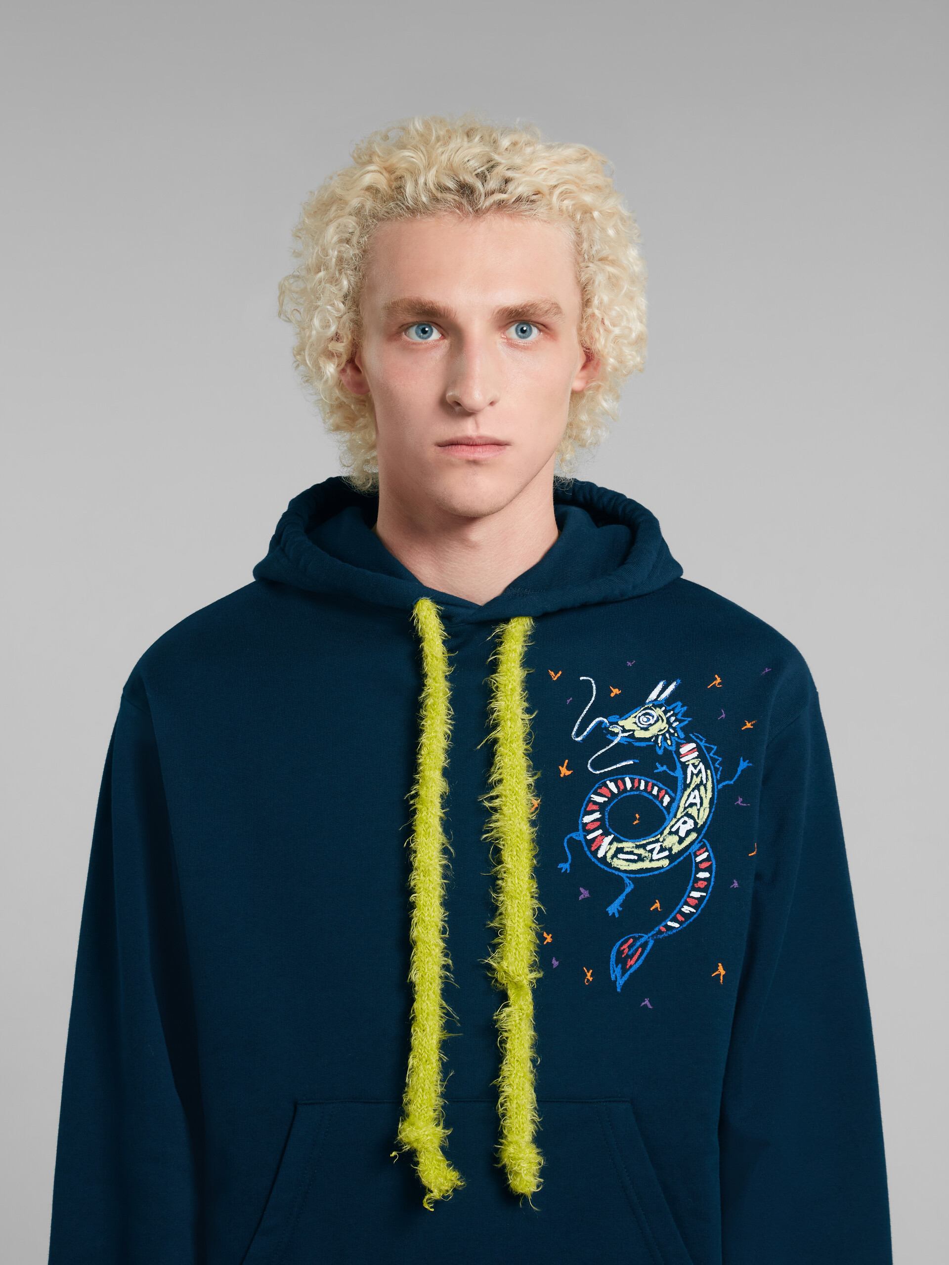 Blue organic jersey hoodie with dragon print - Sweaters - Image 4