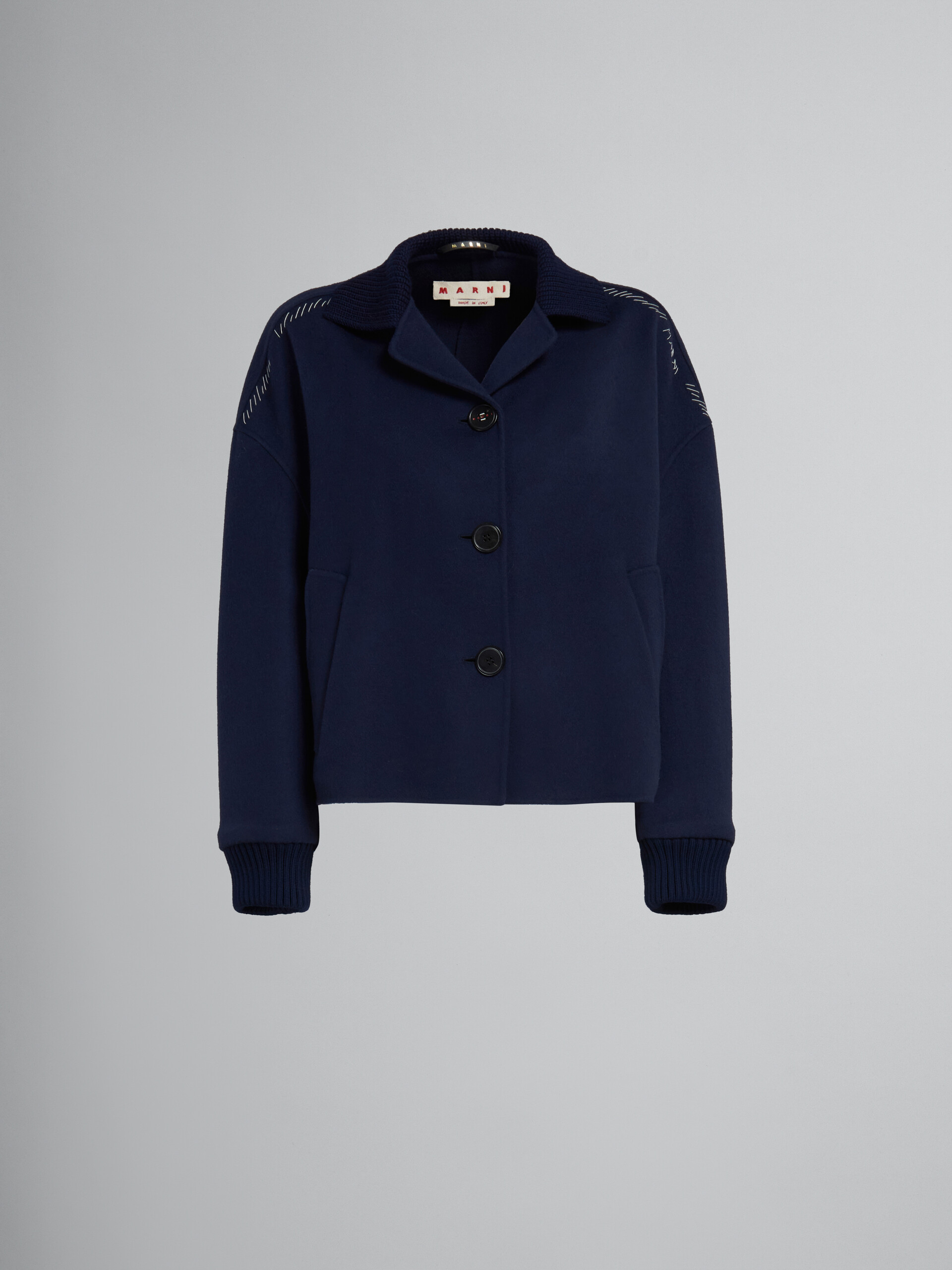 Veste en cachemire et laine bleu profond avec bords en maille - Manteaux - Image 1