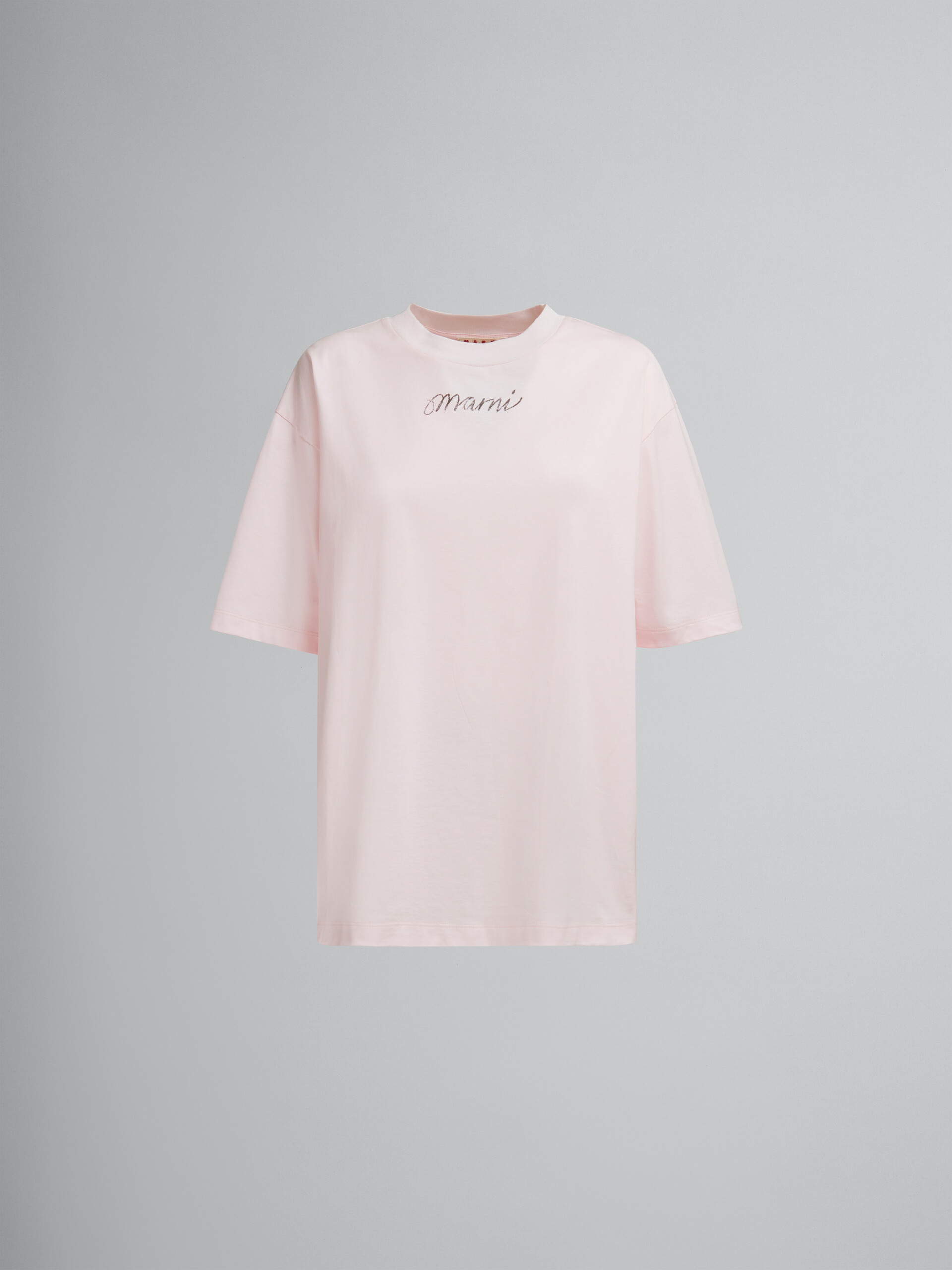 Pink organic cotton boxy T-shirt with repeated logo - T-shirts - Image 1