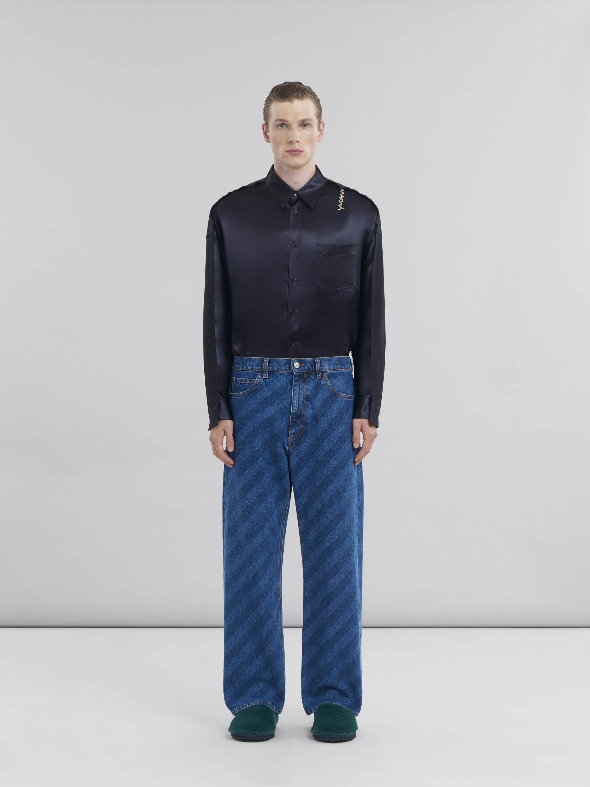 Wide leg blue jeans with diagonal stripe - Pants - Image 2