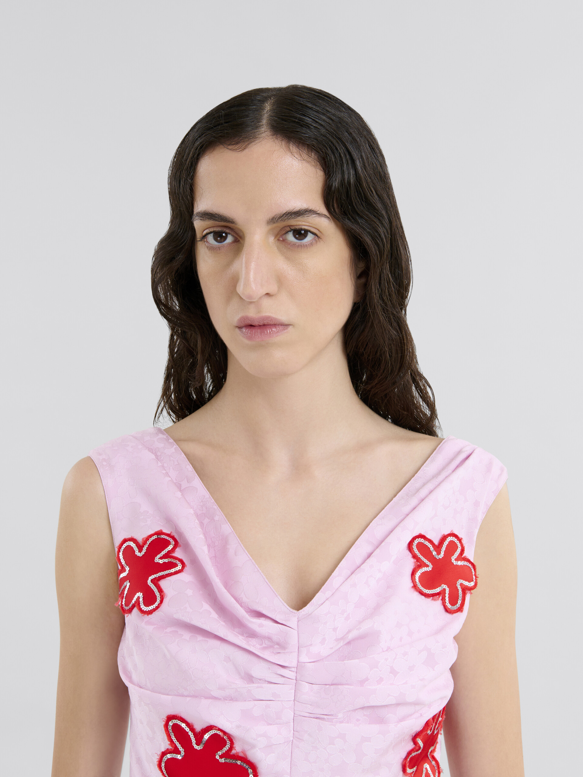 Pink silk jaquard dress with flower patches and sequins - Dresses - Image 4