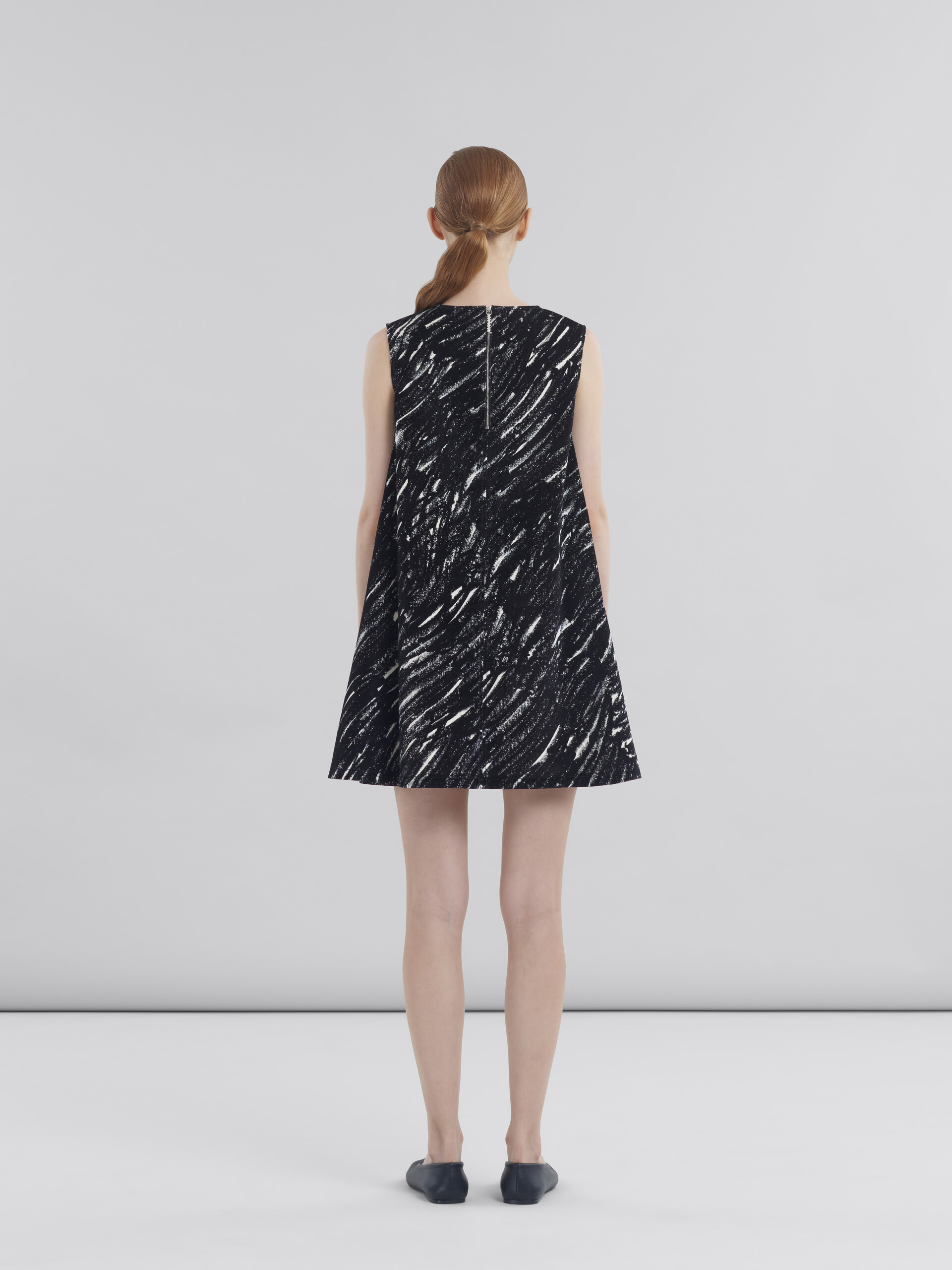 Black flocked denim flared dress with Crayon print - Dresses - Image 3