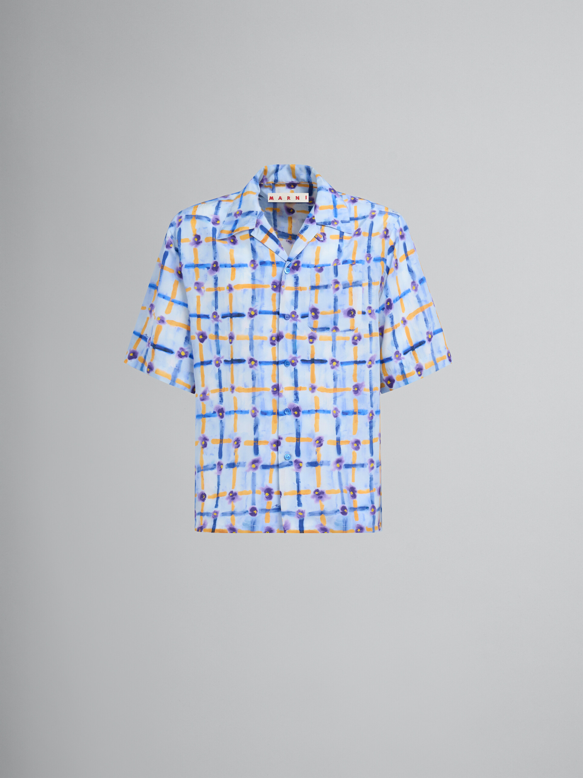 Hellblaues Bowlinghemd aus Habotai-Seide mit Saraband-Print - Hemden - Image 1