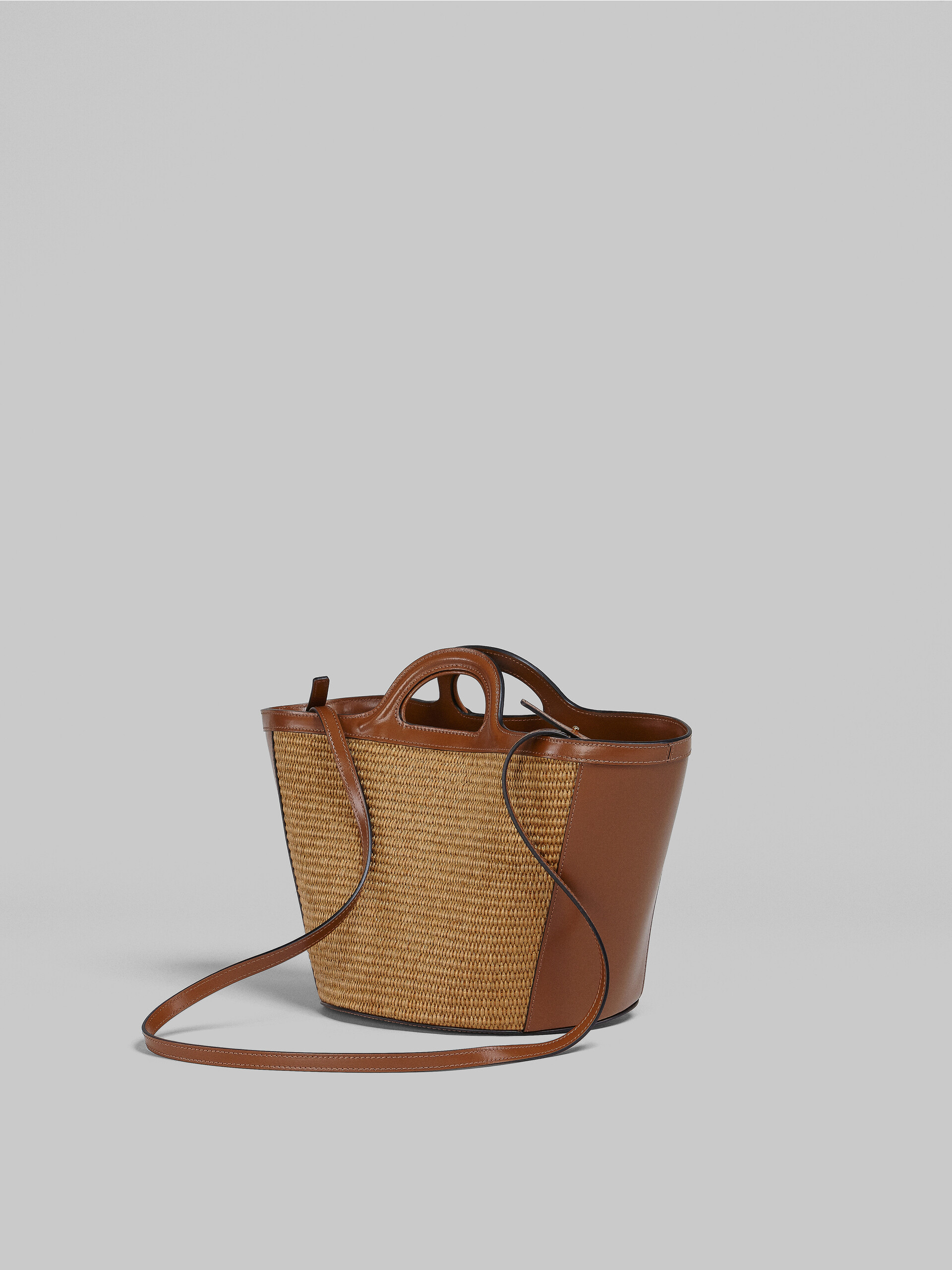 Tropicalia Small Bag in brown leather and raffia-effect fabric - Handbags - Image 3