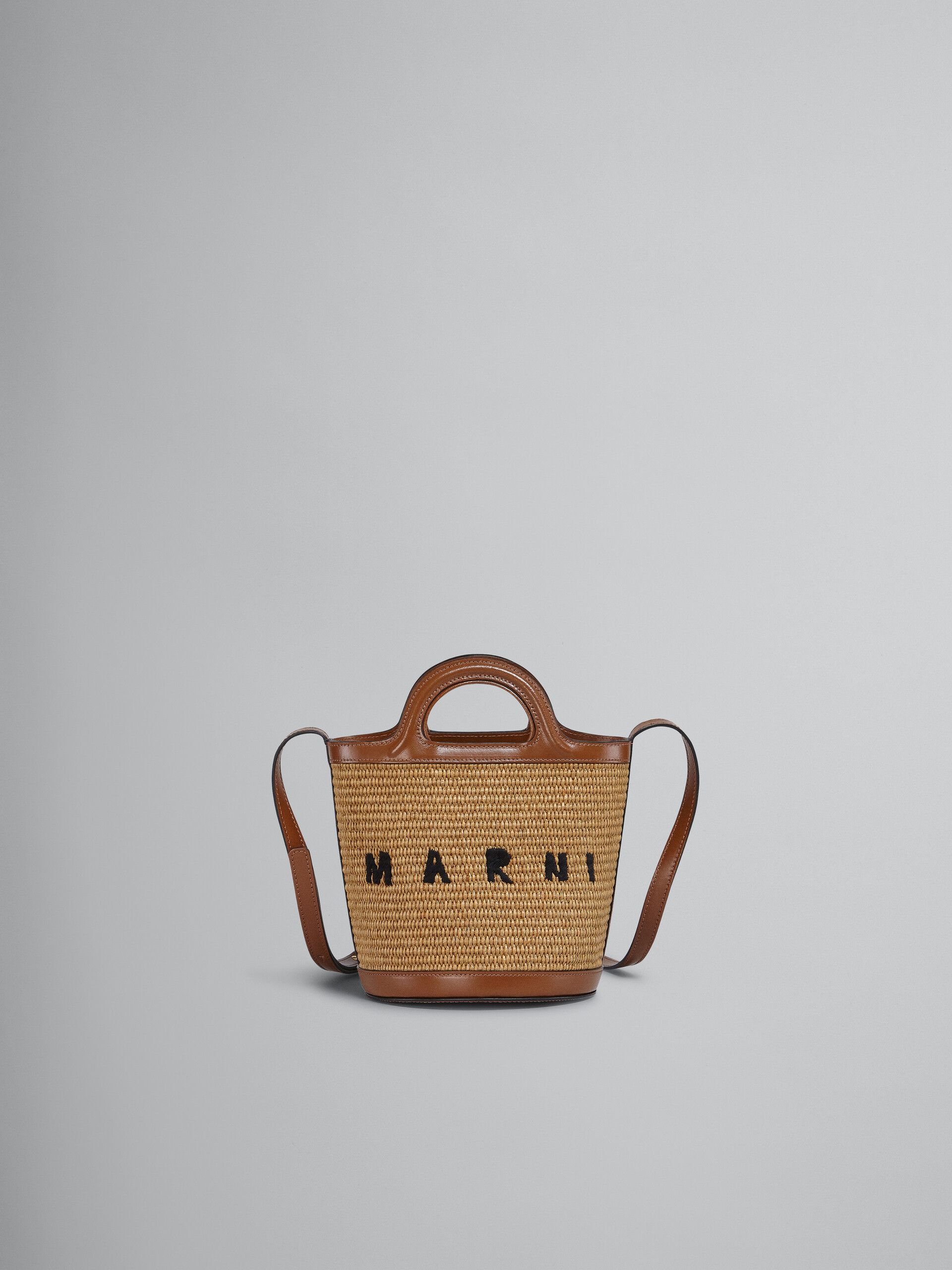 Tropicalia Small Bucket Bag in brown leather and raffia-effect fabric - Shoulder Bags - Image 1
