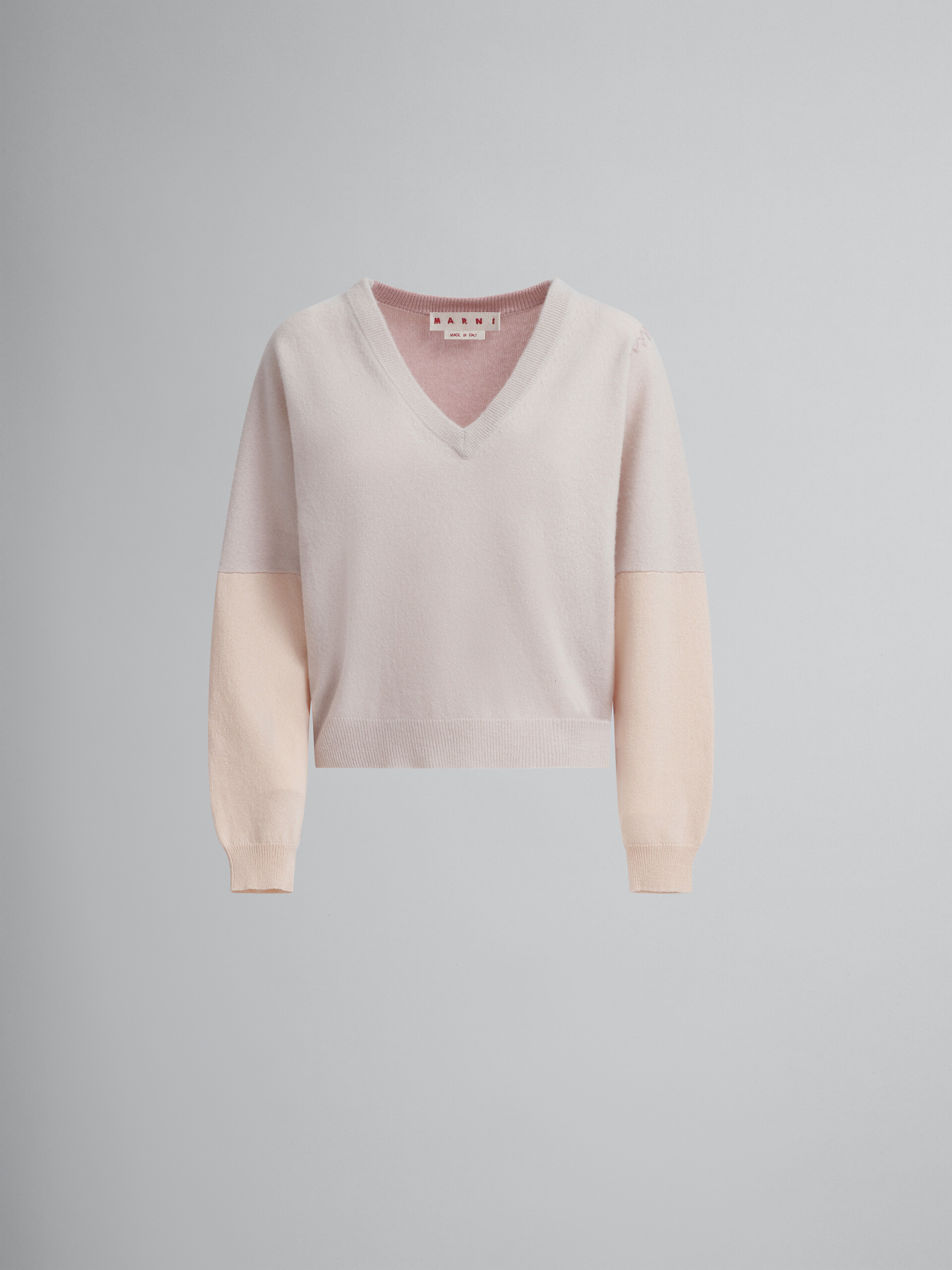 Peach pink wool and cashmere color block V-neck sweater - Pullovers - Image 1