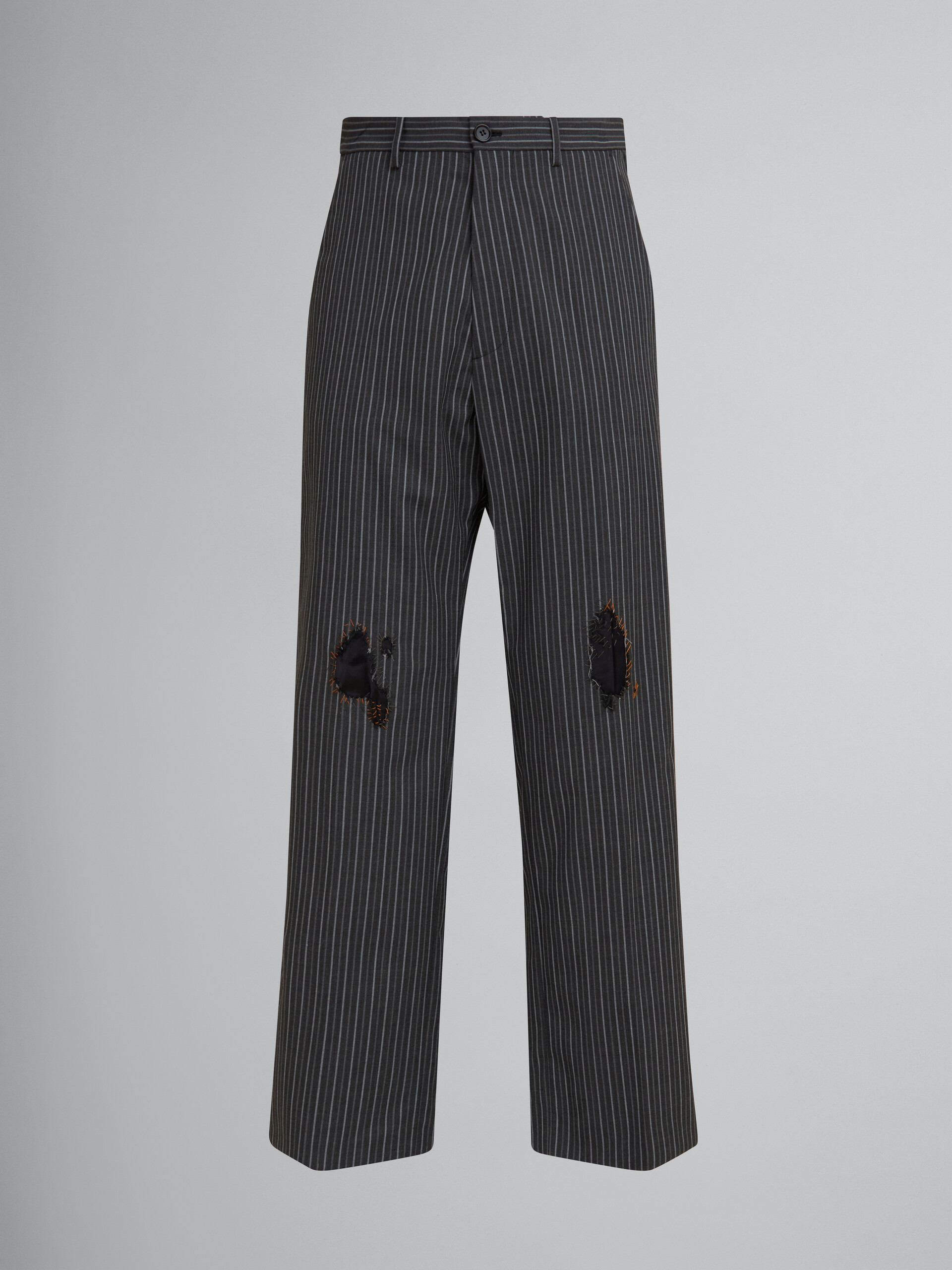 Black pinstripe wool trousers with Marni mending patches - Pants - Image 1