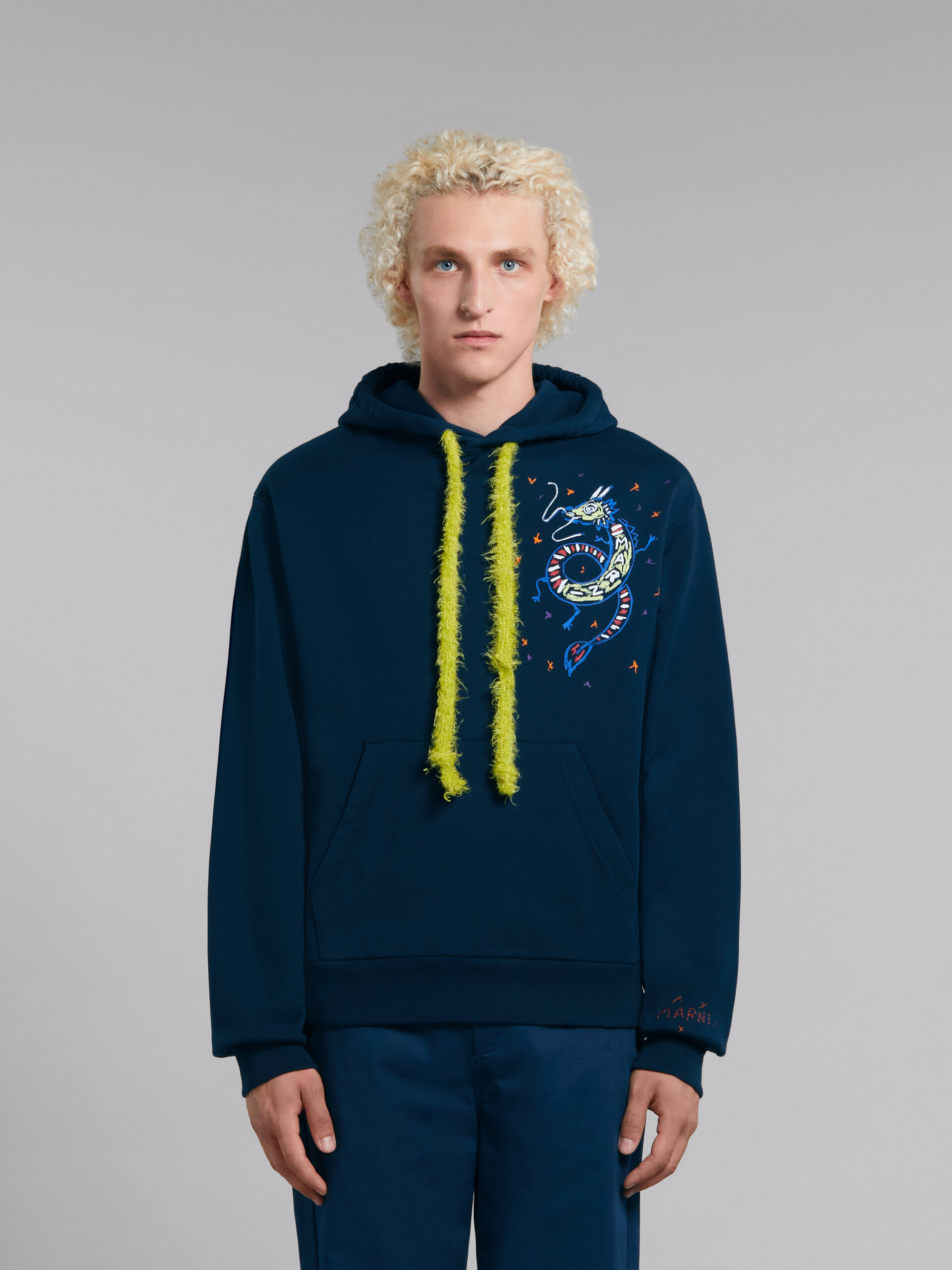 Blue organic jersey hoodie with dragon print - Sweaters - Image 2