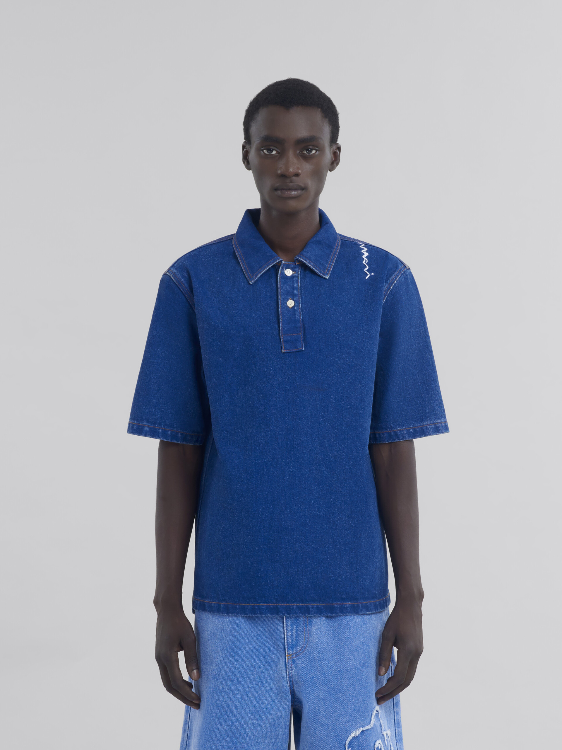 Blue oversize organic denim polo shirt with Marni Symbol - Shirts - Image 2