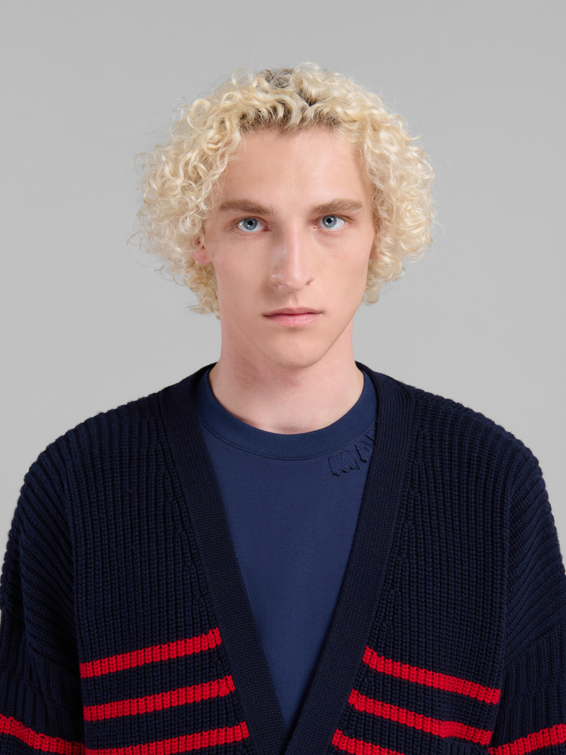 Cardigan blu in lana e cotone a righe - Pullover - Image 4