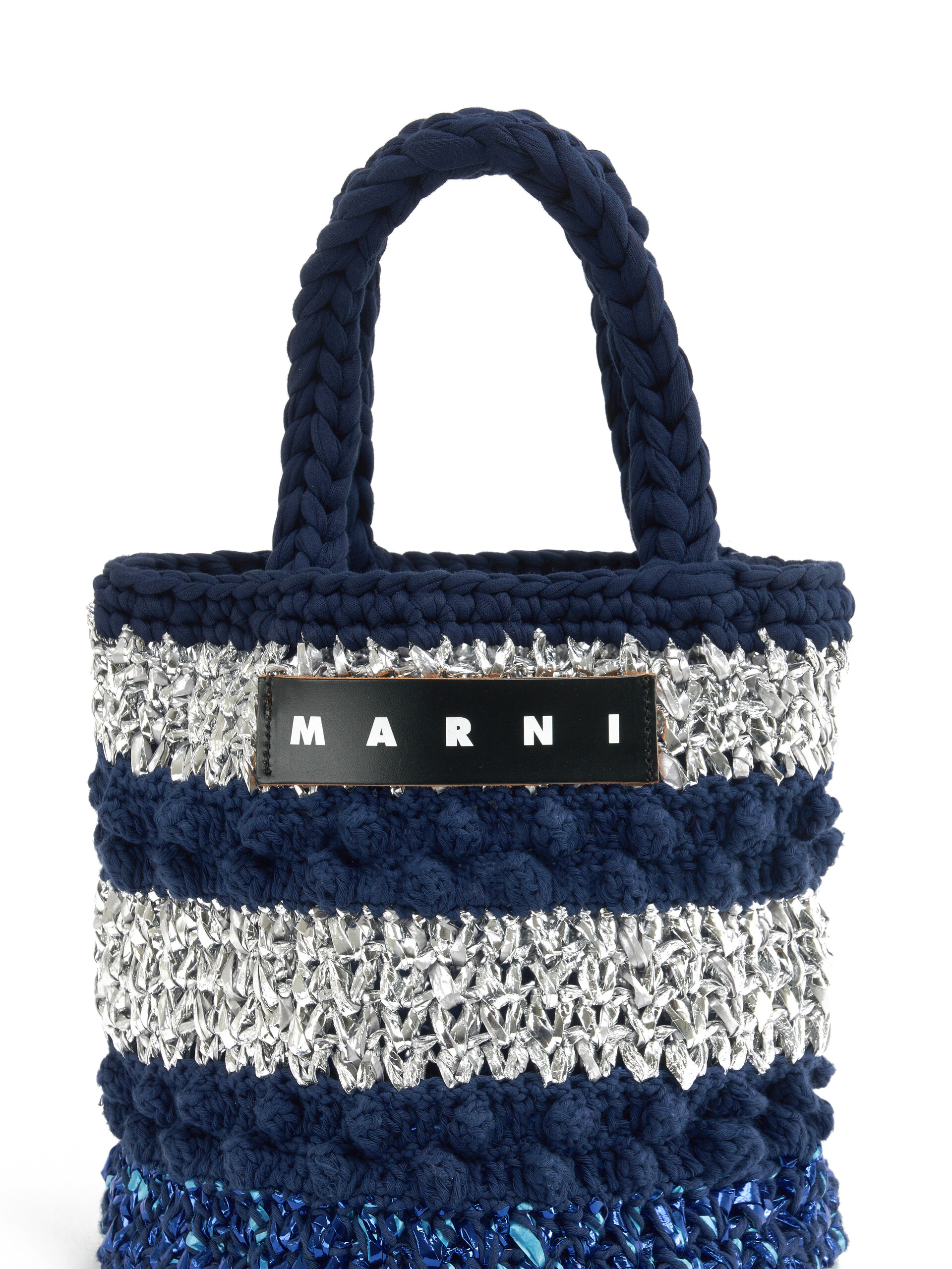 Deep blue and silver bobble-knit MARNI MARKET BUCKET bag - Shopping Bags - Image 4