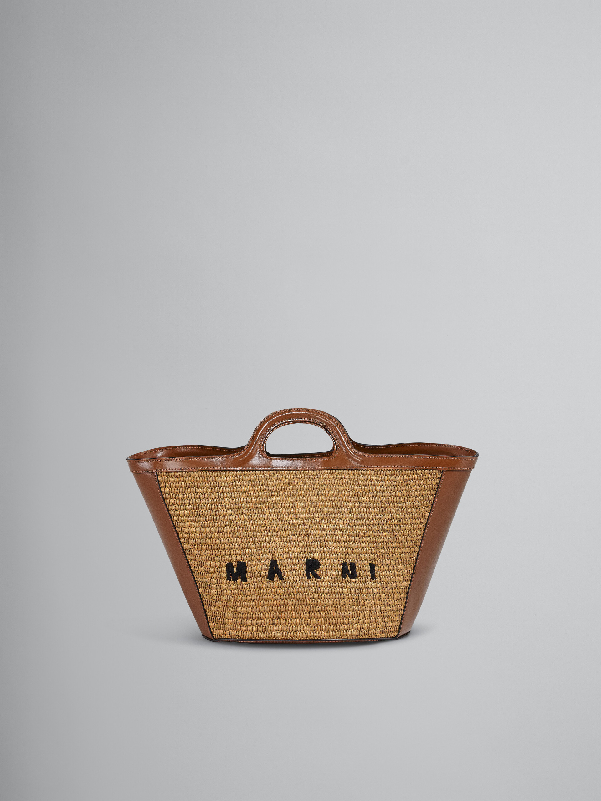 Tropicalia Small Bag in brown leather and raffia-effect fabric - Handbag - Image 1