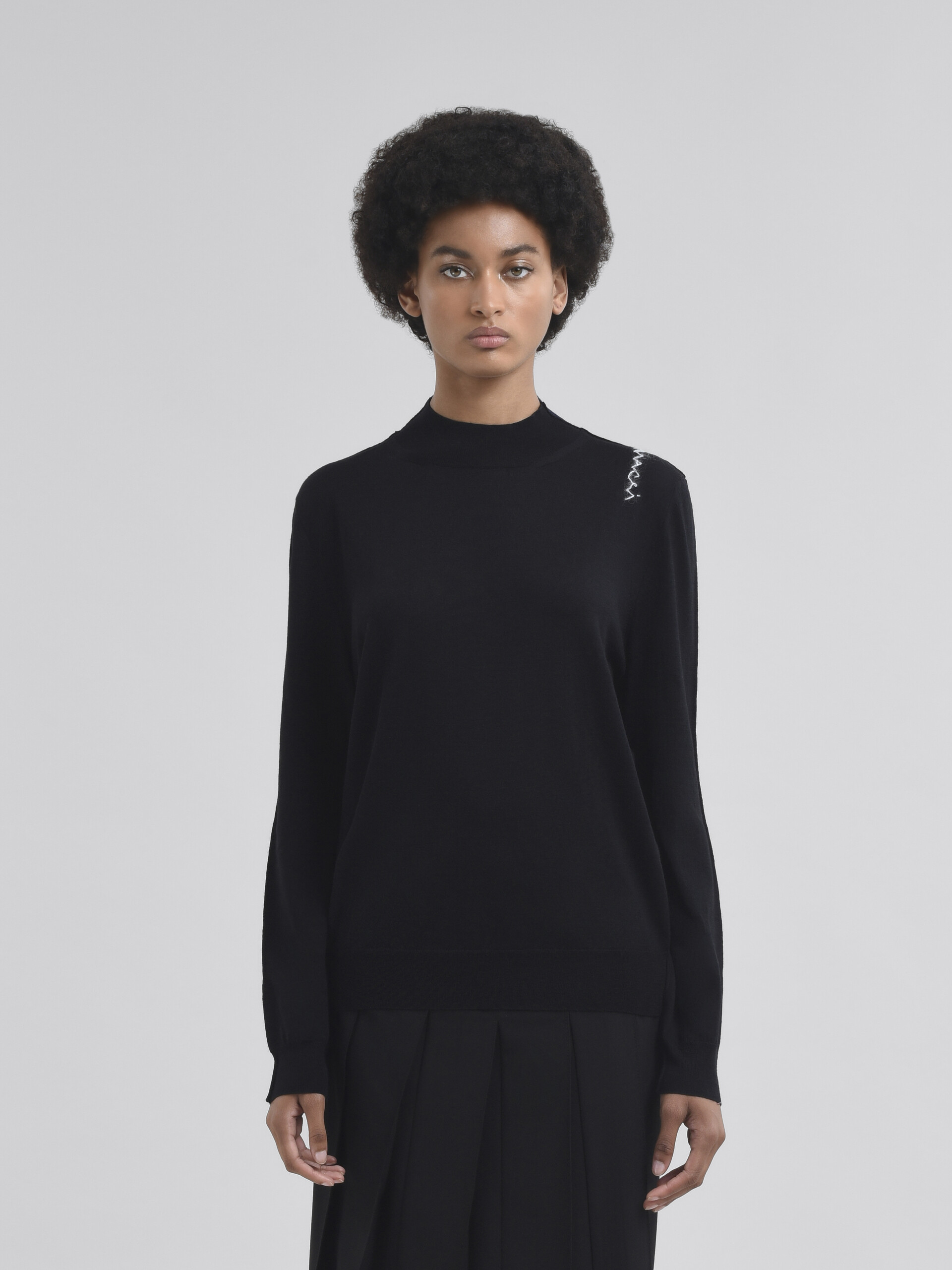 Black crew neck knitted jumper with contrasting back panel - Pullovers - Image 2