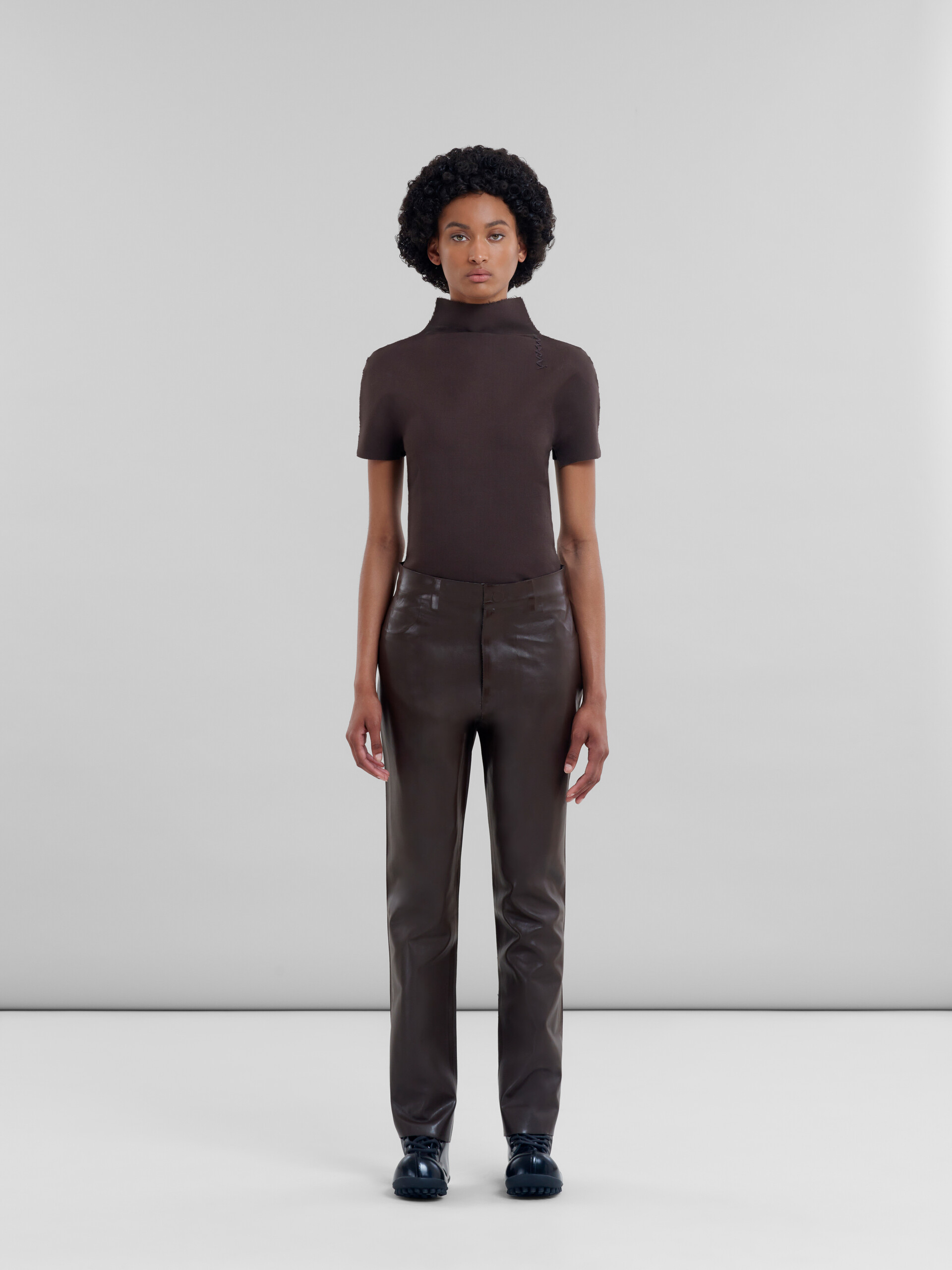 Brown wool and coated fabric trousers - Pants - Image 2