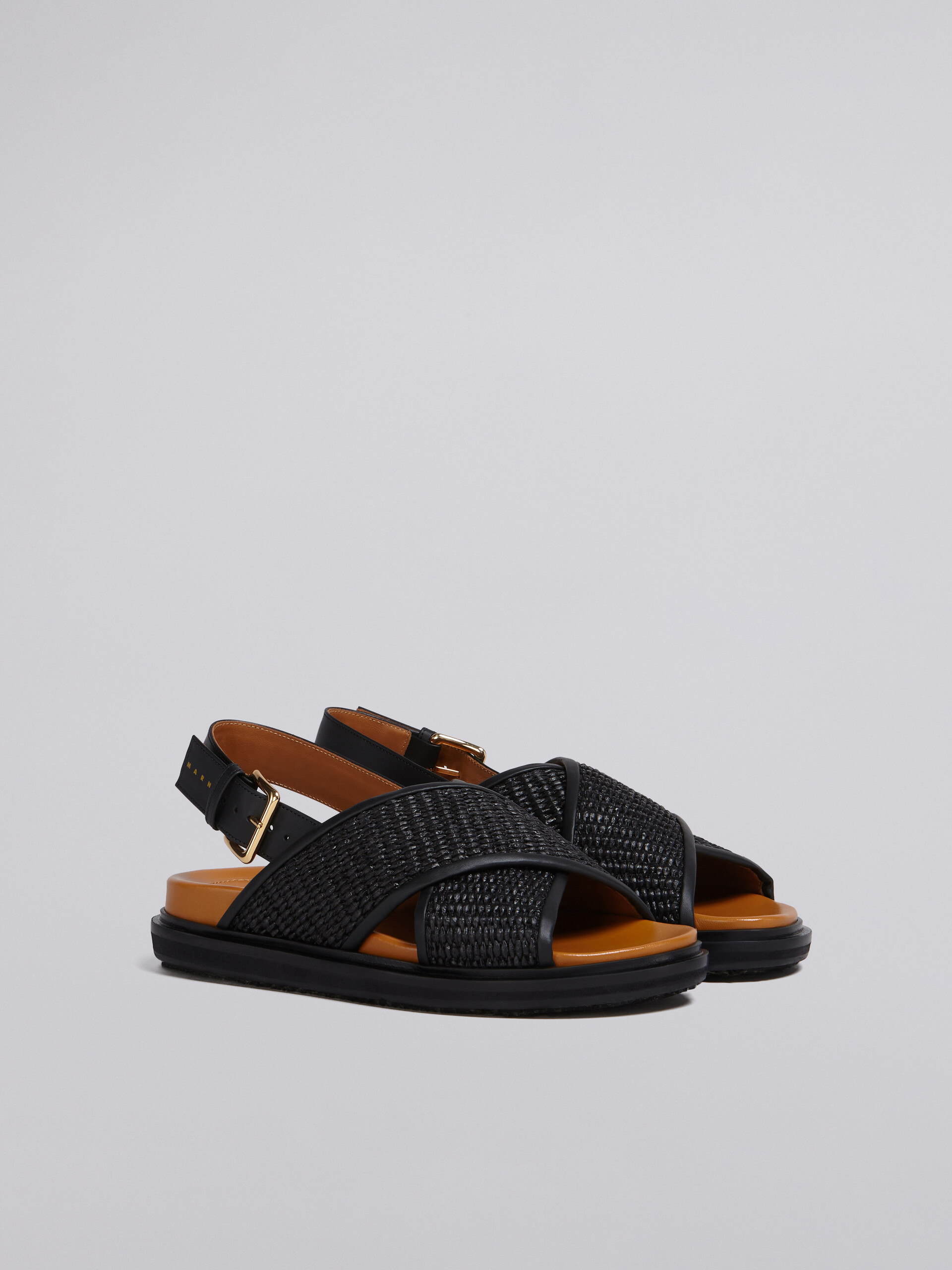 Fussbet sandals in brown leather and raffia-effect fabric - Sandals - Image 2