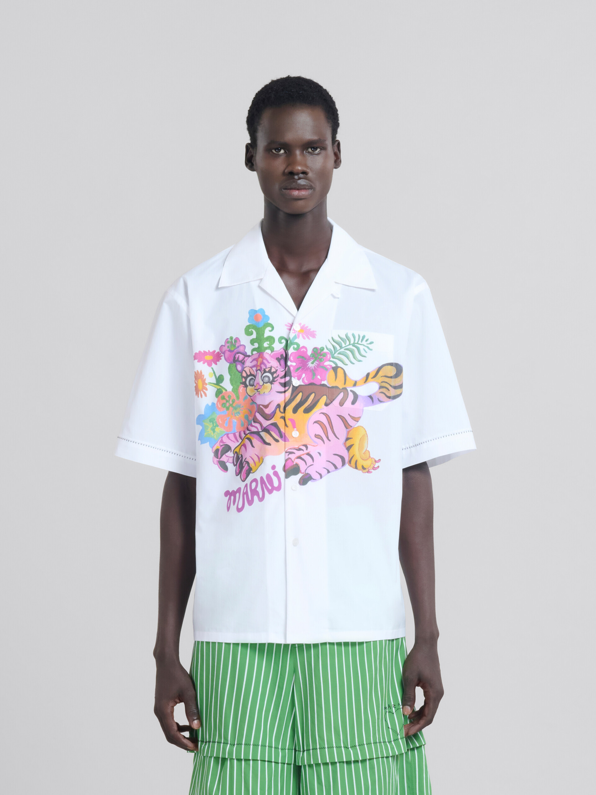 White organic poplin bowling shirt with print - Shirts - Image 1