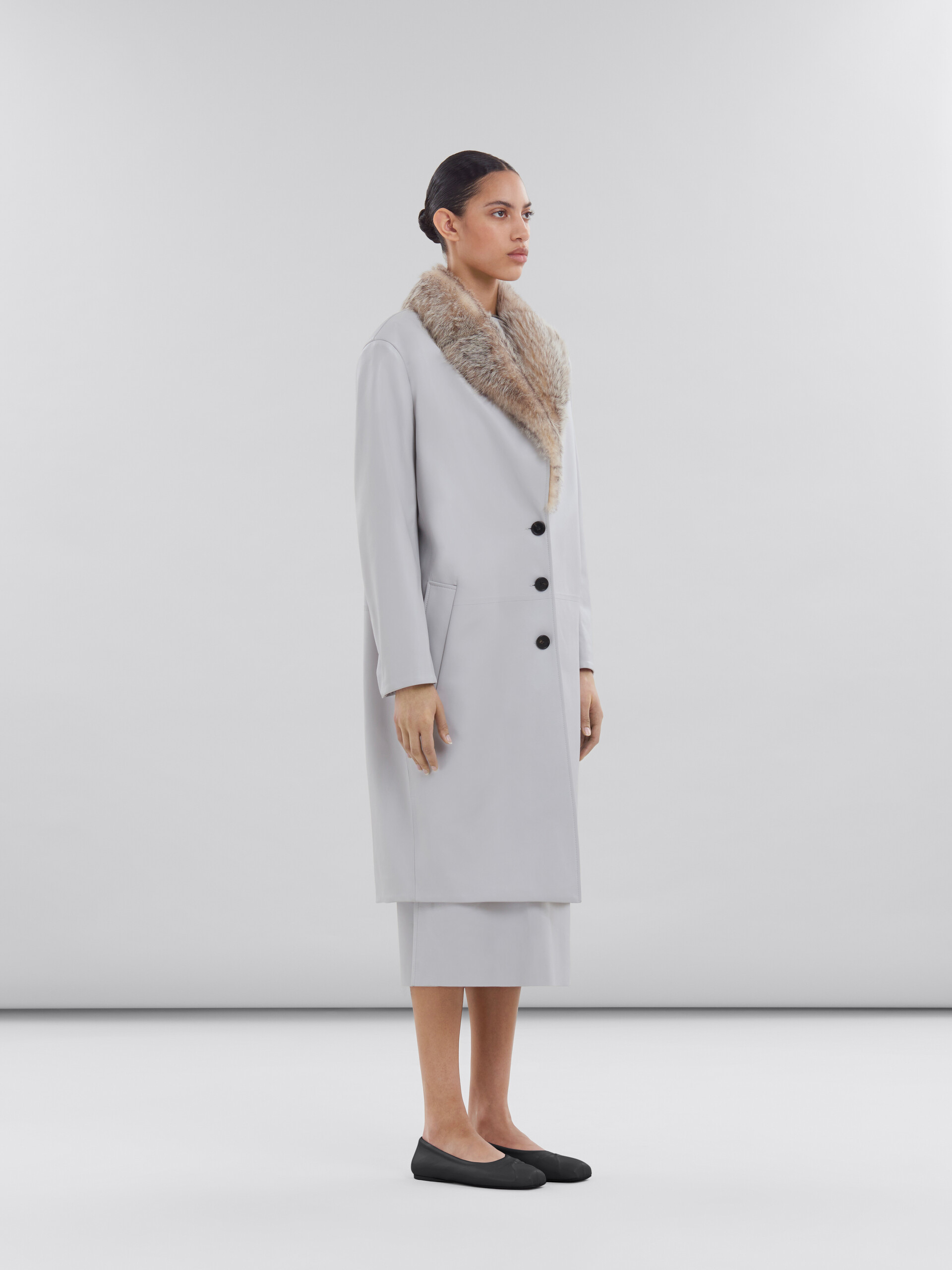 Grey nappa coat with shearling collar - Coats - Image 4