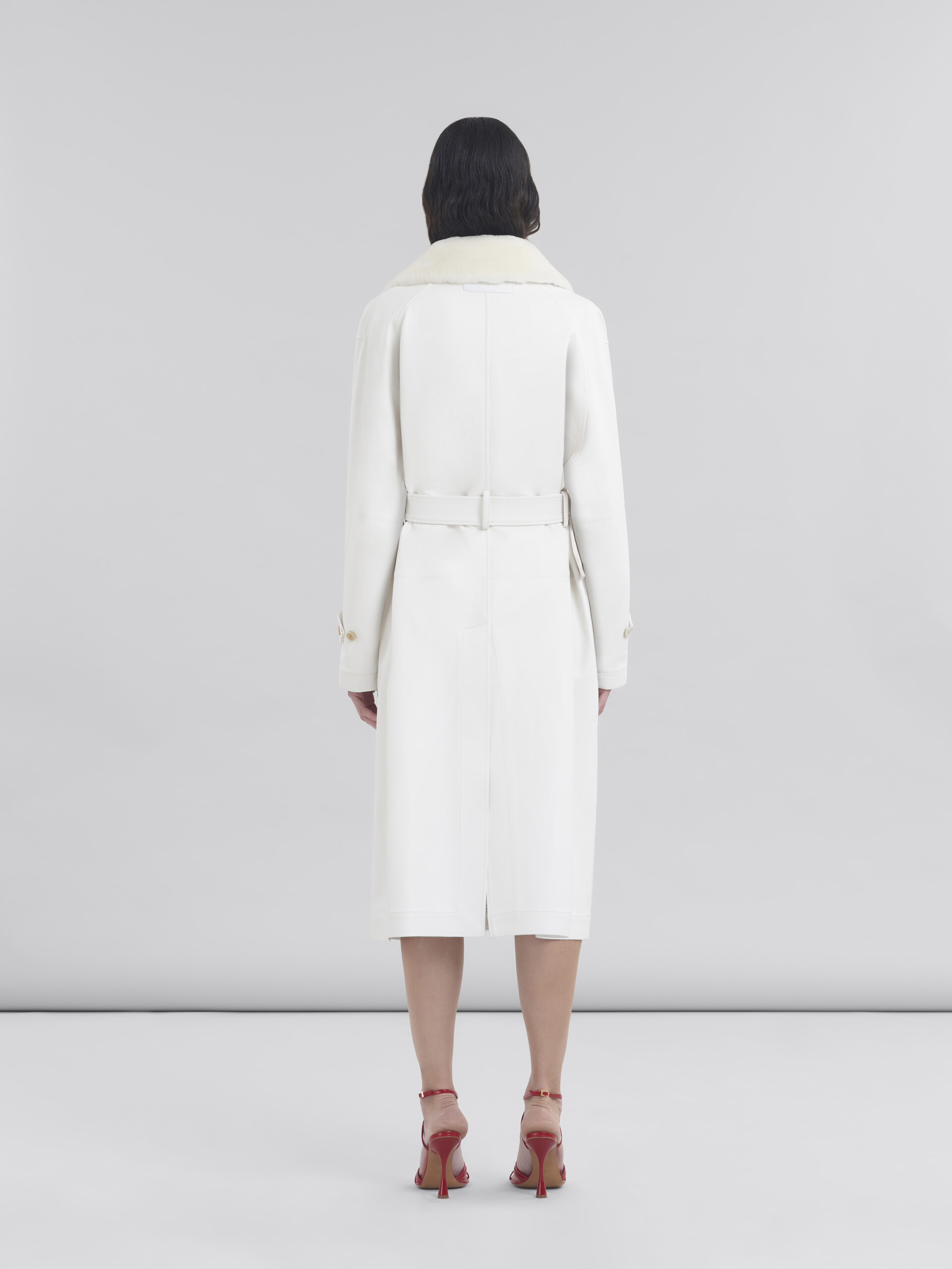 White nappa duster coat with shearling collar - Coat - Image 3