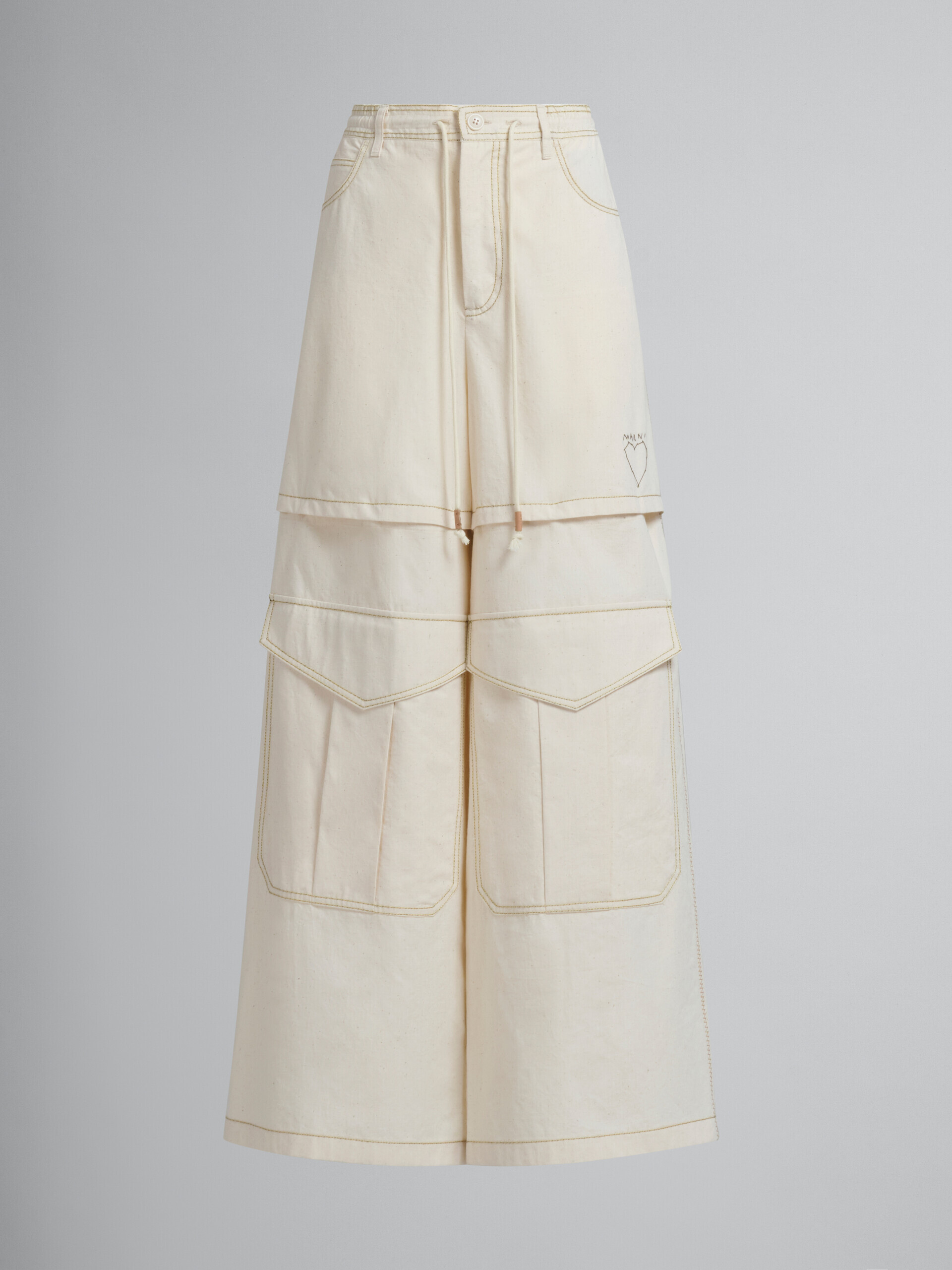 Pantalon cargo Marni en toile de coton organique beige clair avec surpiqûres - Pantalons - Image 1