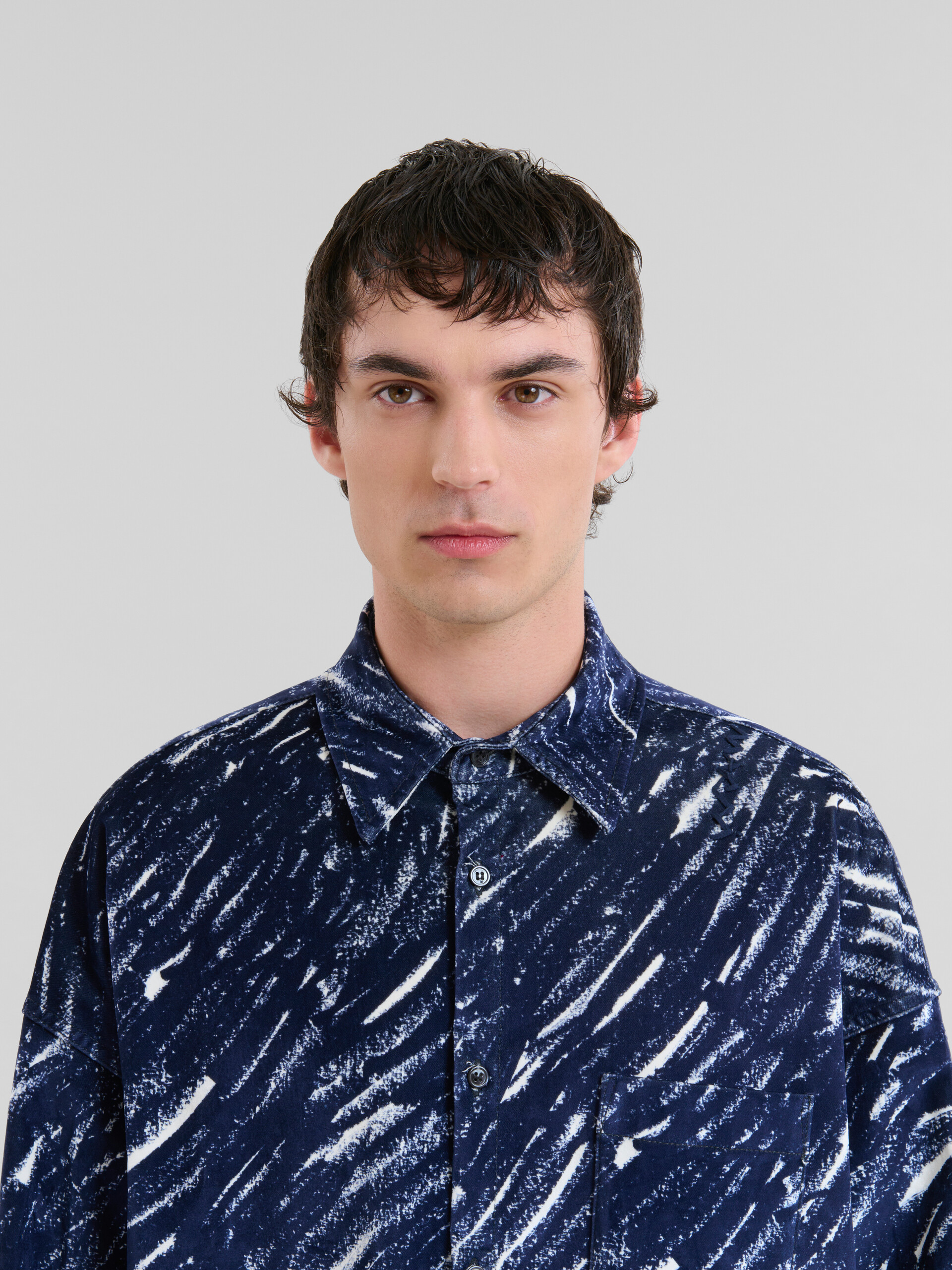 Blue flocked denim oversized shirt with Crayon print - Shirts - Image 4