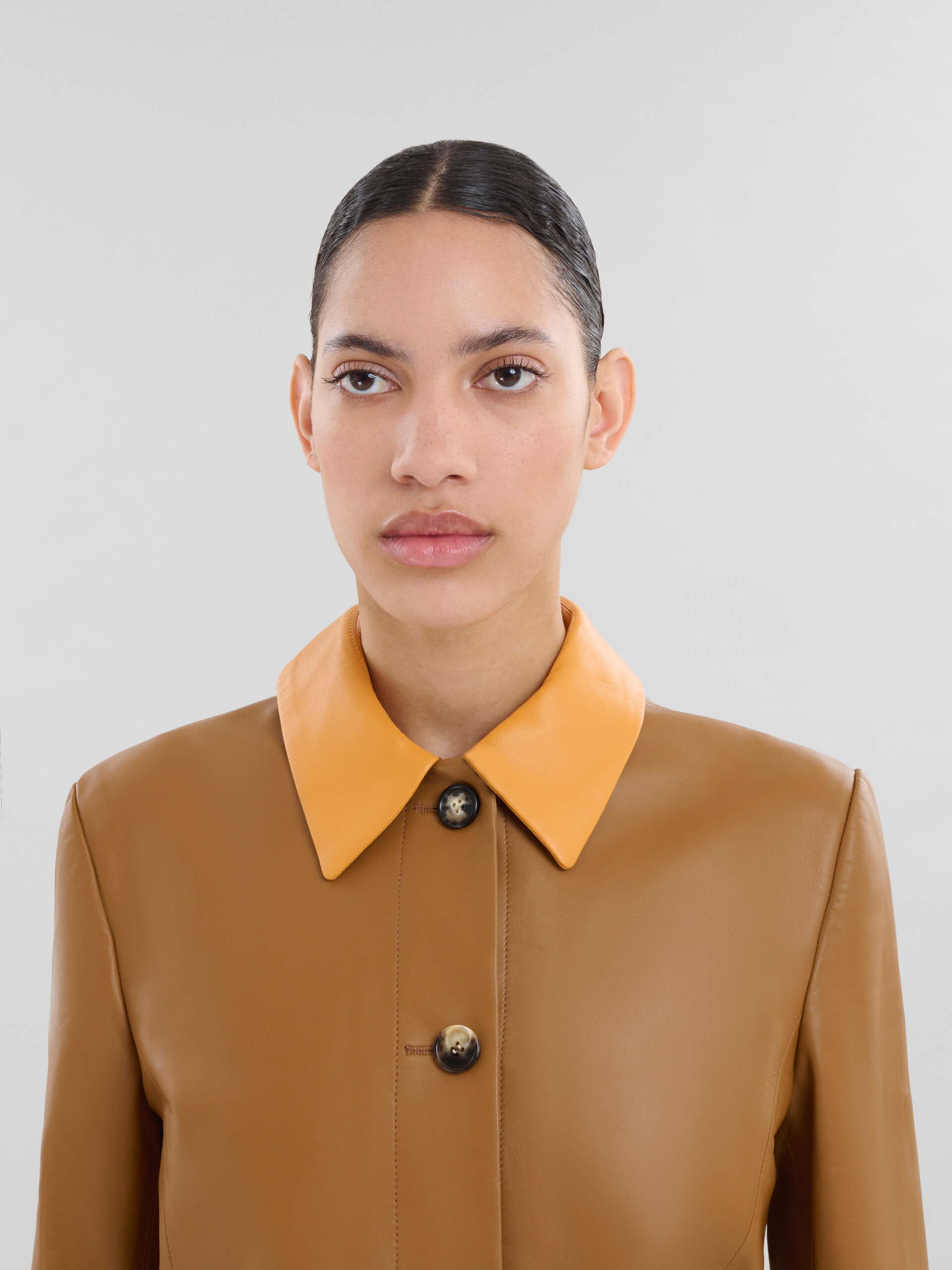 Veste en cuir nappa color-block orange et marron - Manteaux - Image 4