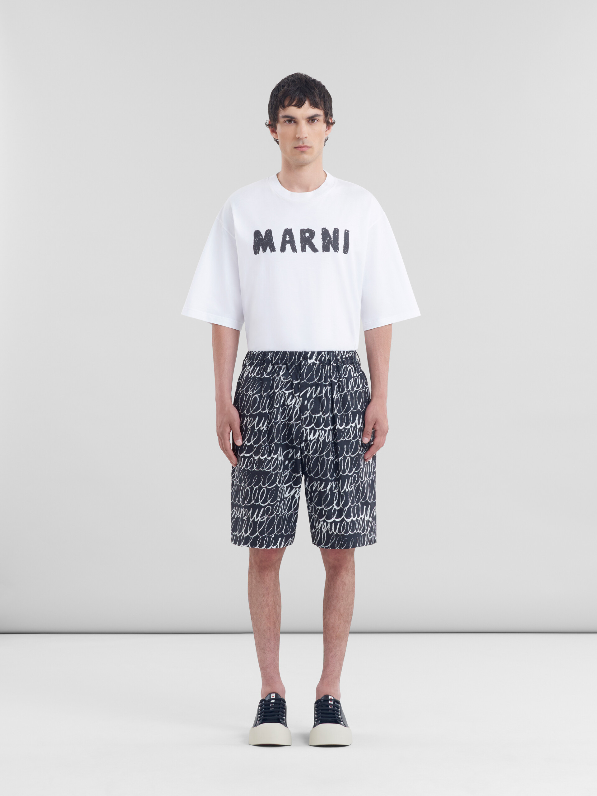 Black poplin drawstring shorts with Marni Scribble motif - Pants - Image 2