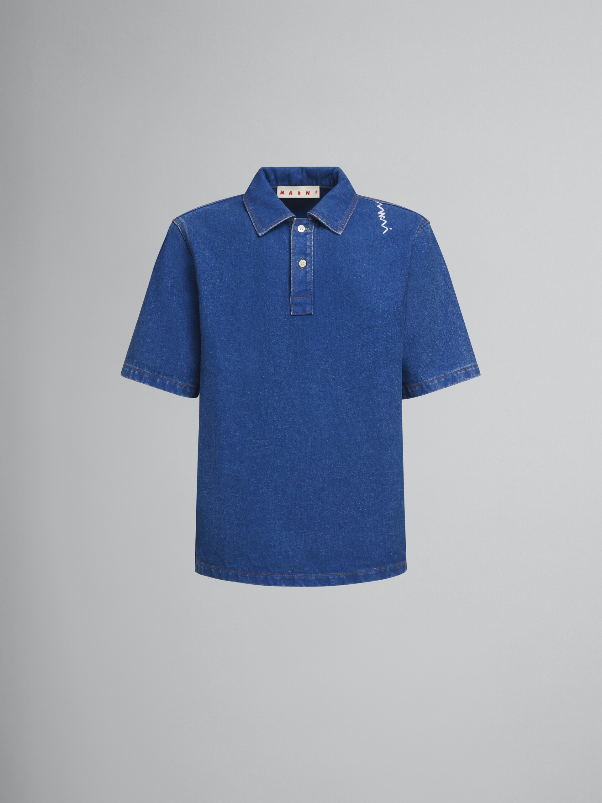 Blue oversize organic denim polo shirt with Marni Symbol - Shirts - Image 1