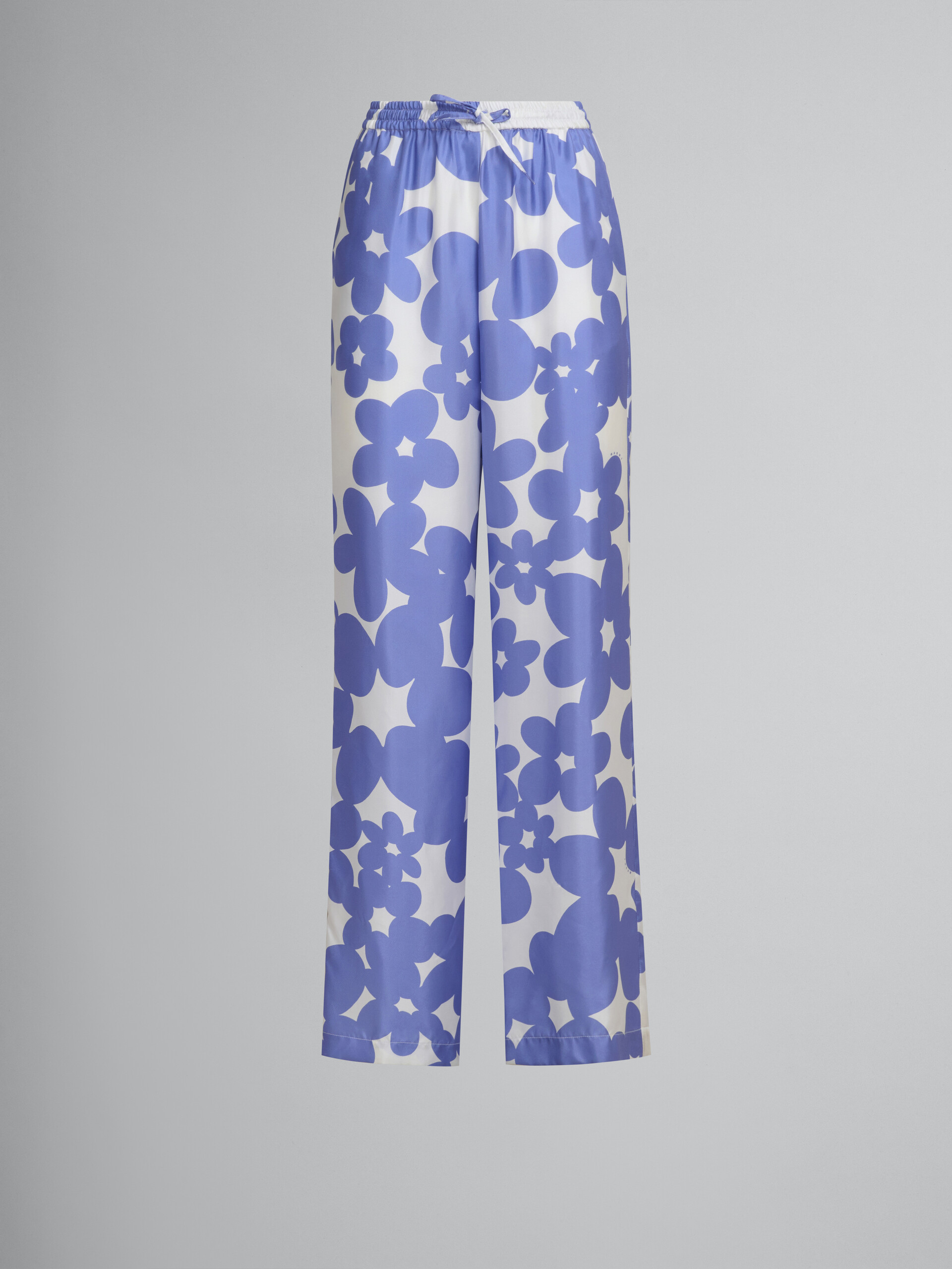 Silk pyjama trousers with white and light blue Dillies print - Pants - Image 1