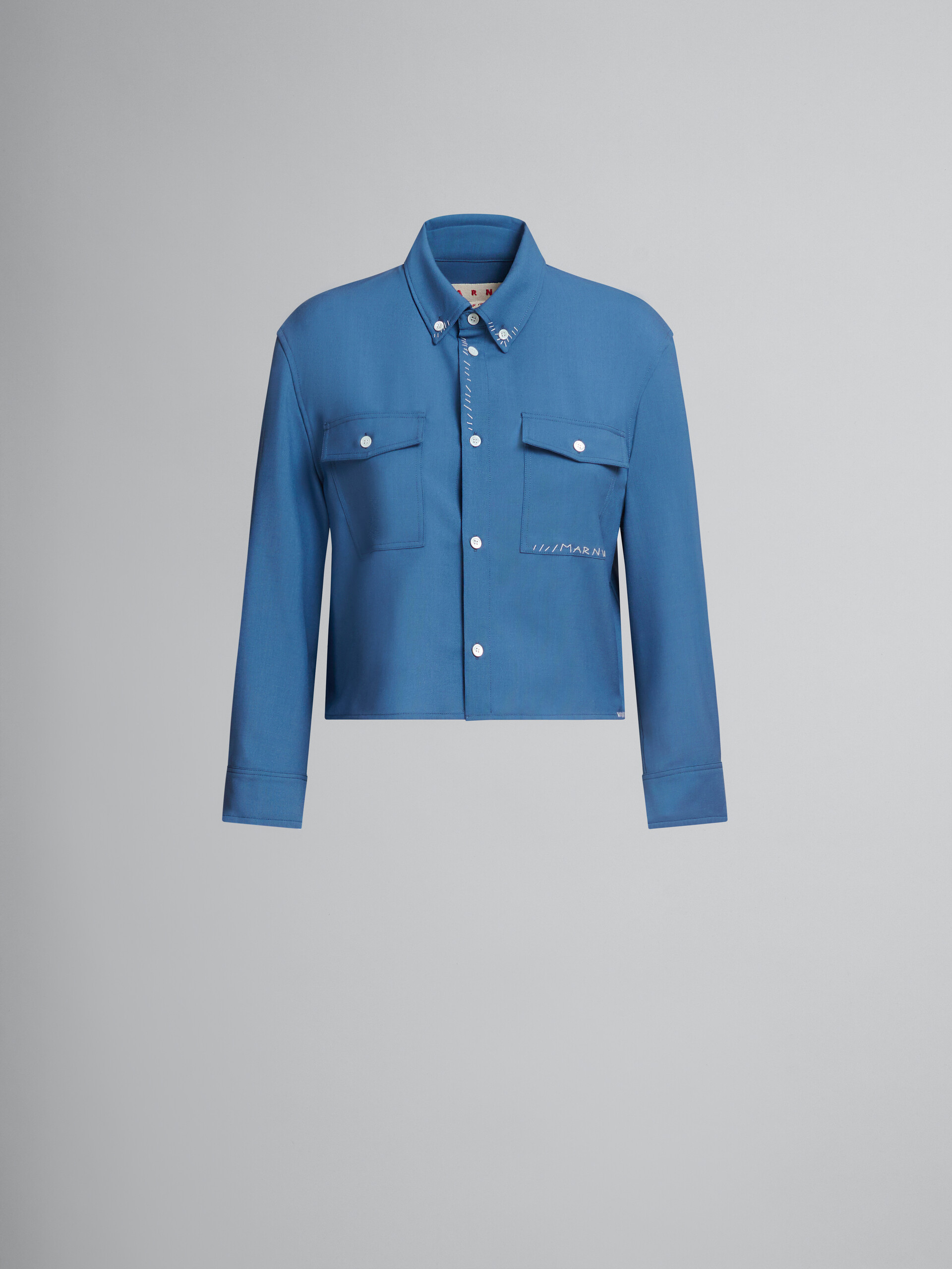 Chemise courte en laine tropicale bleue avec effet raccommodé Marni - Chemises - Image 1