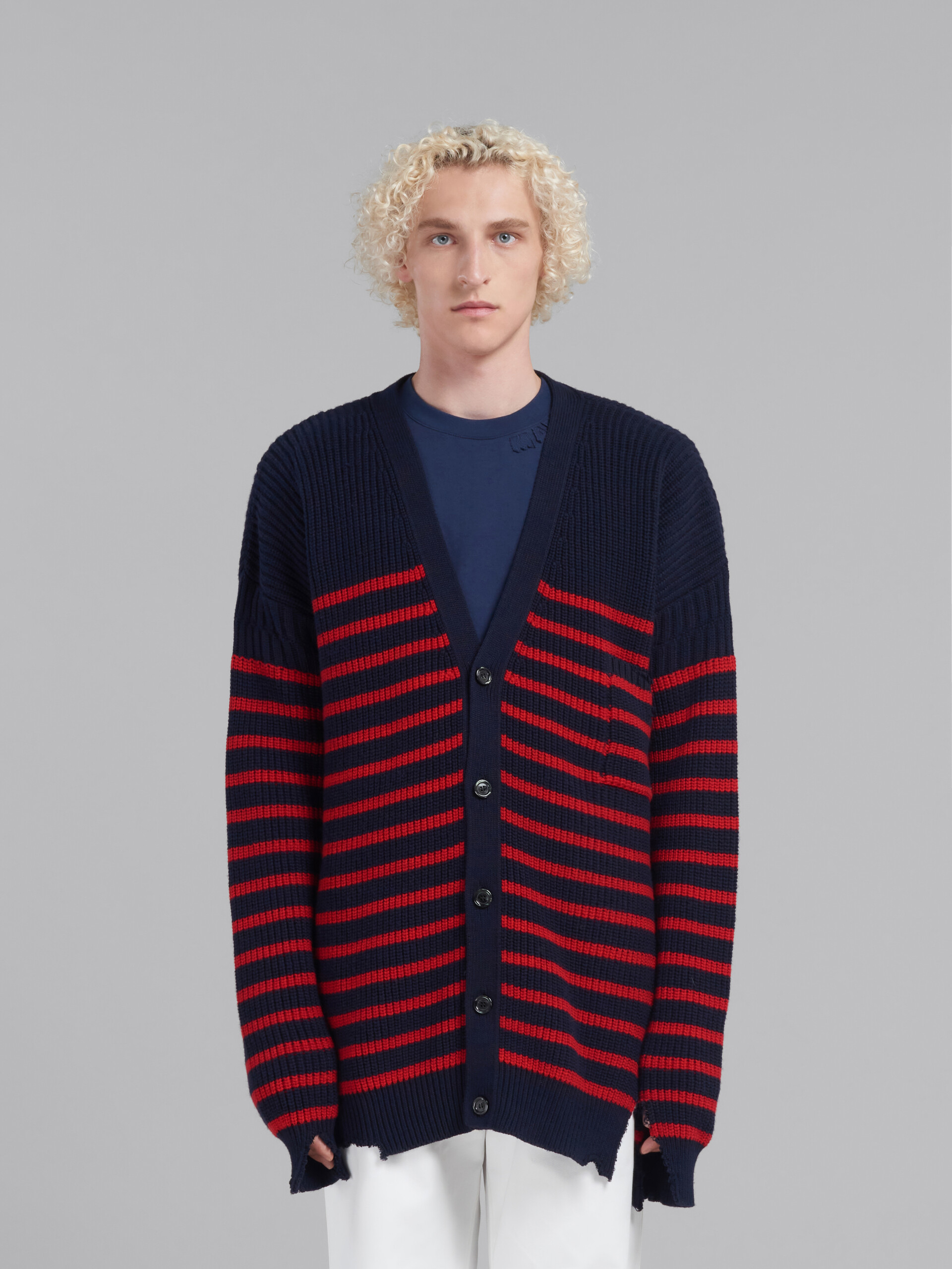 Cardigan blu in lana e cotone a righe - Pullover - Image 2