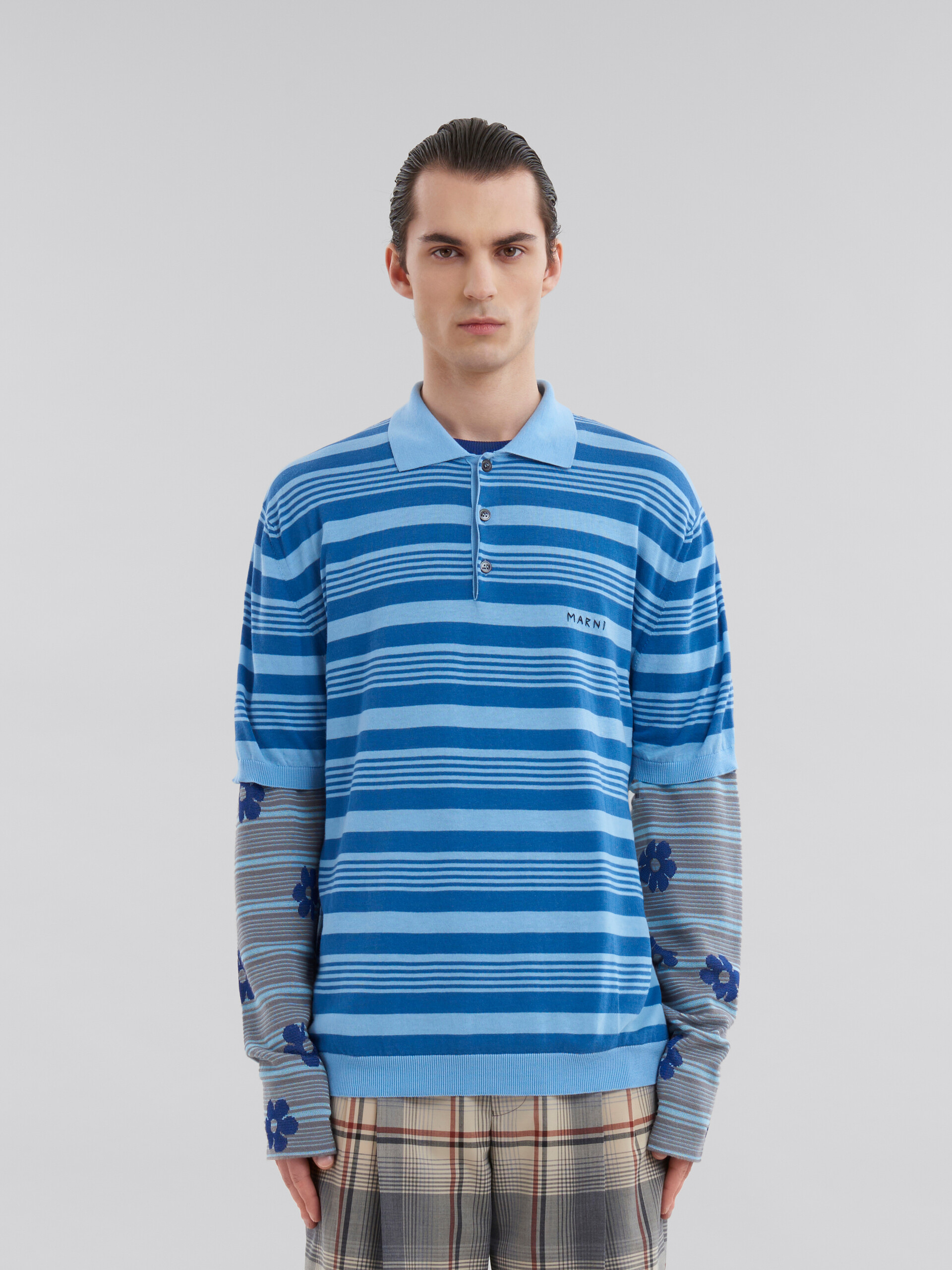ブルー ストライプ コットン製 ポロシャツ、マルニメンディング - シャツ - Image 2