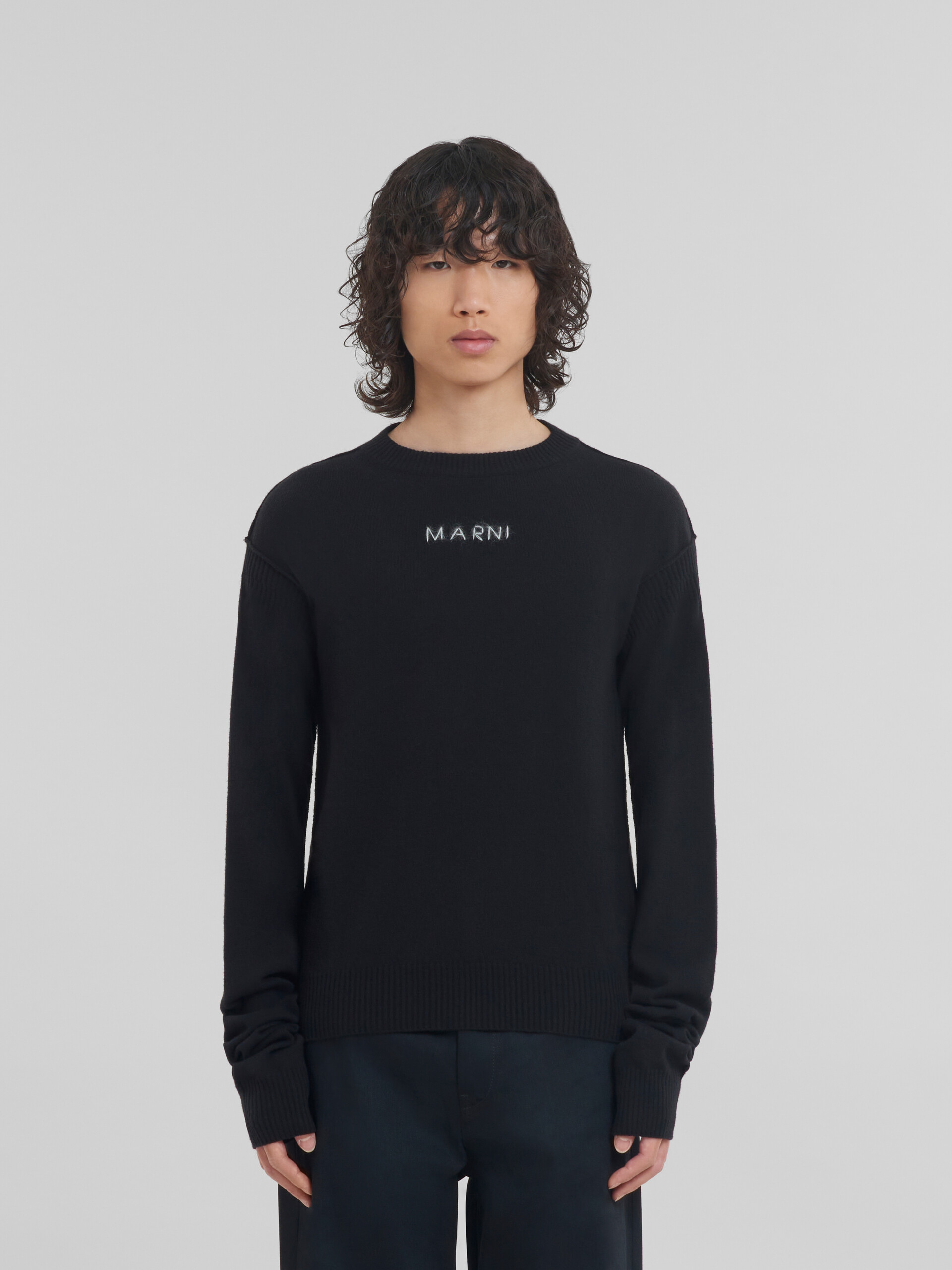 Black wool and cashmere crewneck with logo - Pullovers - Image 2