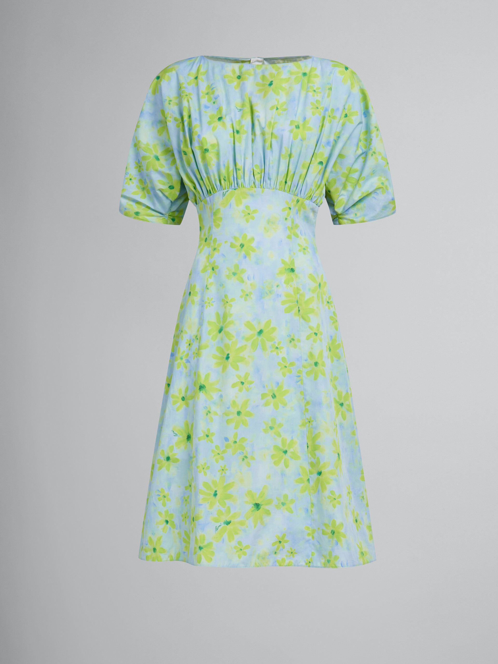 Hellgrünes gerafftes Kleid aus Popeline mit Parade-Print - Kleider - Image 1