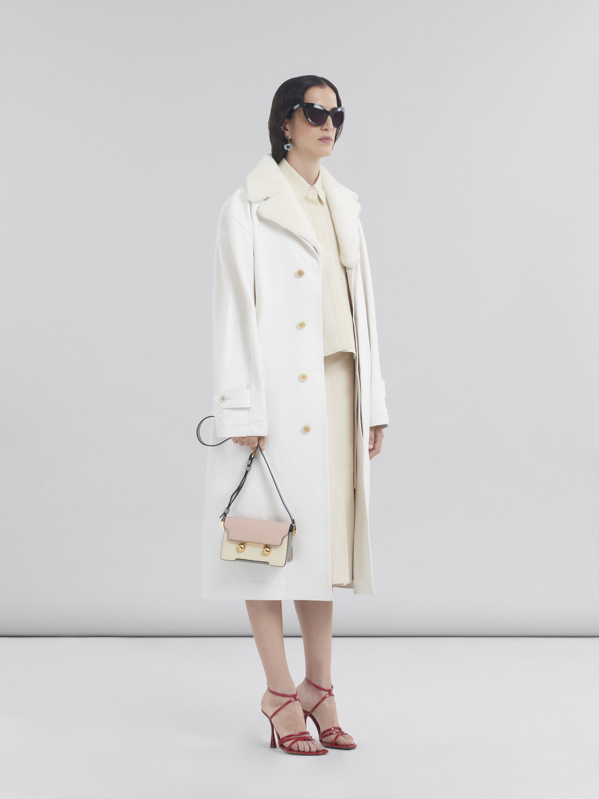 White nappa duster coat with shearling collar - Coat - Image 6