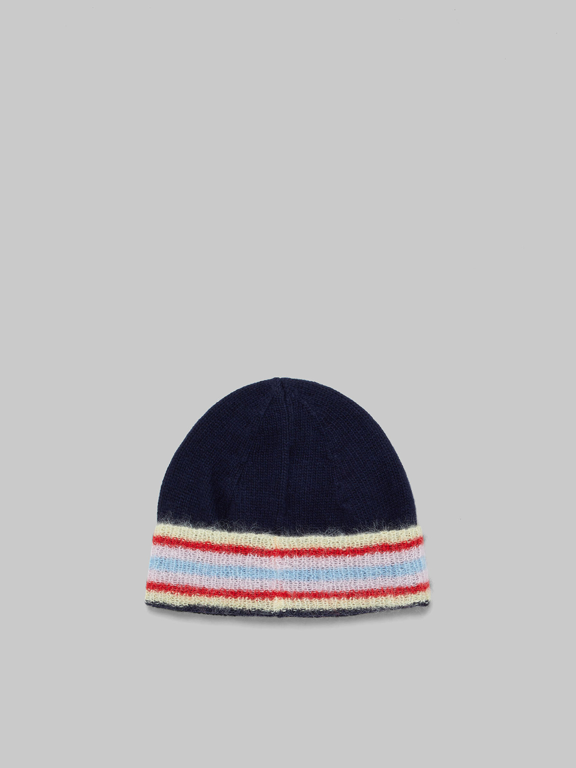 Deep blue wool beanie with striped turn-up - Hats - Image 2