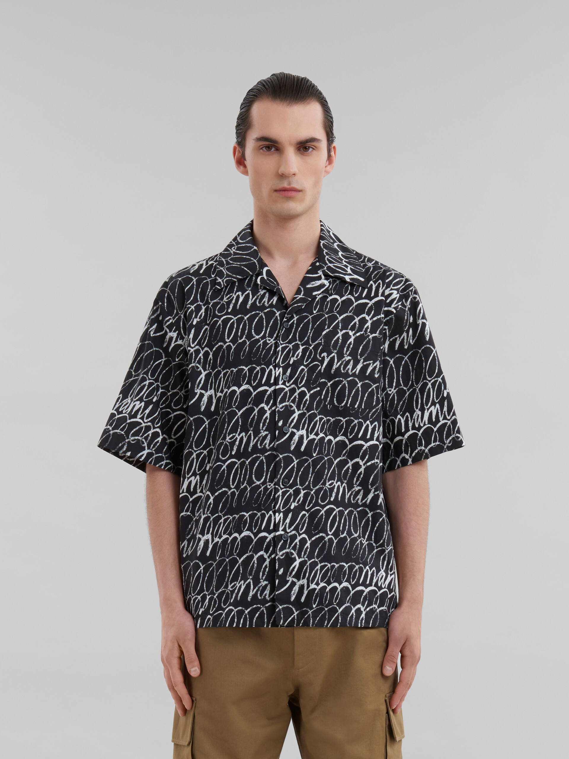 Black poplin bowling shirt with Marni Scribble motif - Shirts - Image 2