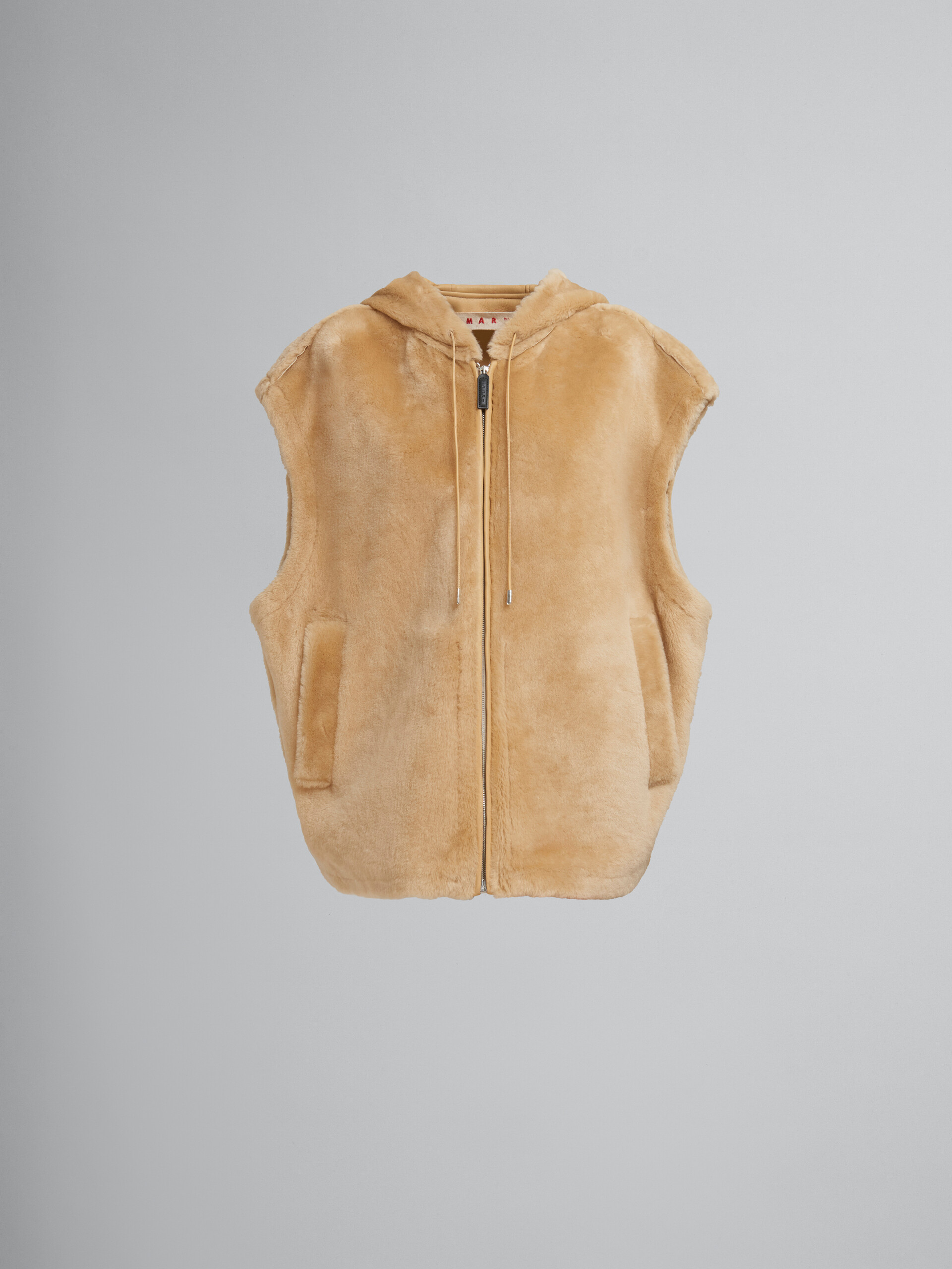 Gilet con cappuccio in shearling rasato marrone - Gilet - Image 1