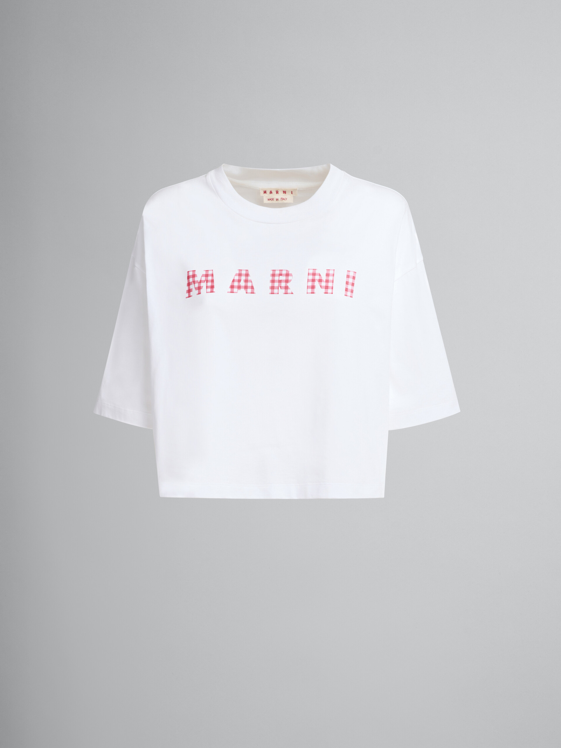 White jersey cotton T-shirt with checked Marni logo - T-shirts - Image 1