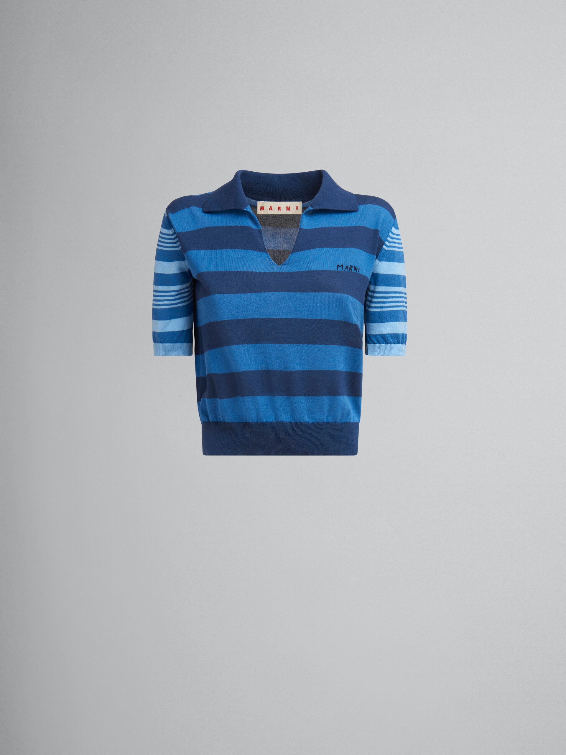 Blauer, kurzärmeliger Pullover aus leichter Baumwolle mit kontrastierenden Streifen - Hemden - Image 1