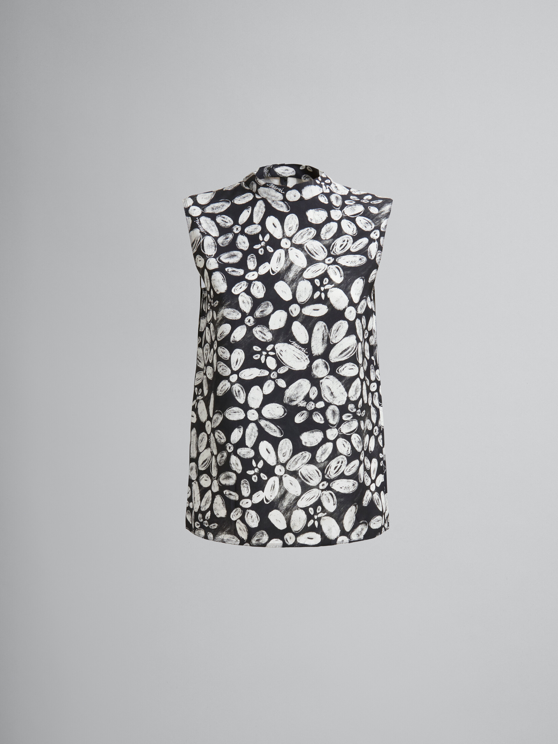 Black satin-back crêpe sleeveless top with Blooming print - Shirts - Image 1