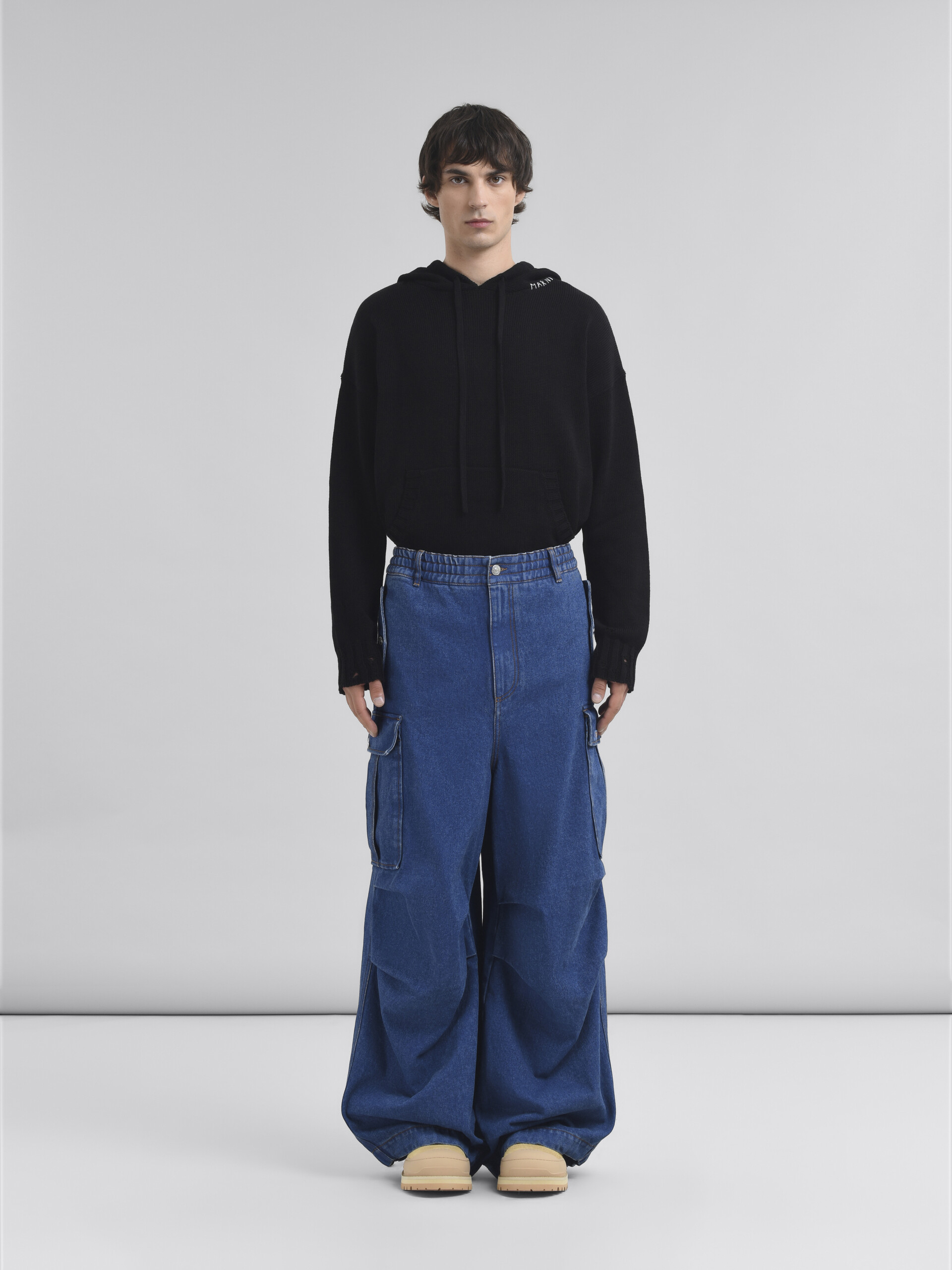 Dark blue denim cargo pants with Marni logo patch - Pants - Image 2