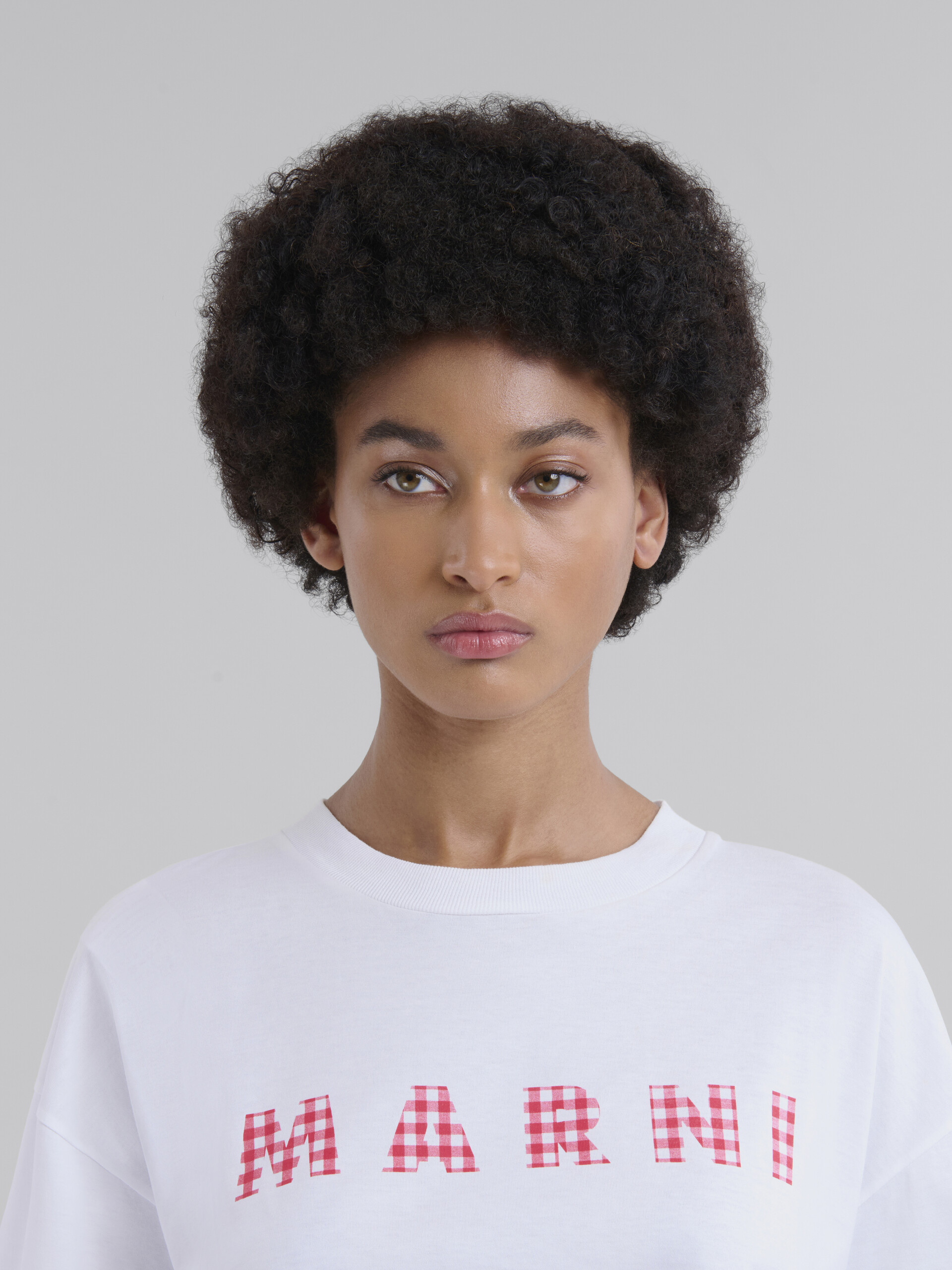 White jersey cotton T-shirt with checked Marni logo - T-shirts - Image 4