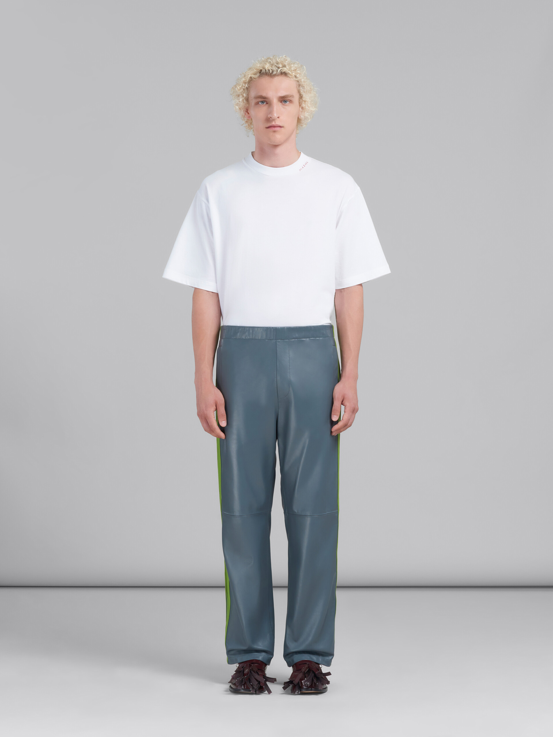 Pantalon de survêtement en cuir nappa bleu sarcelle - Pantalons - Image 2