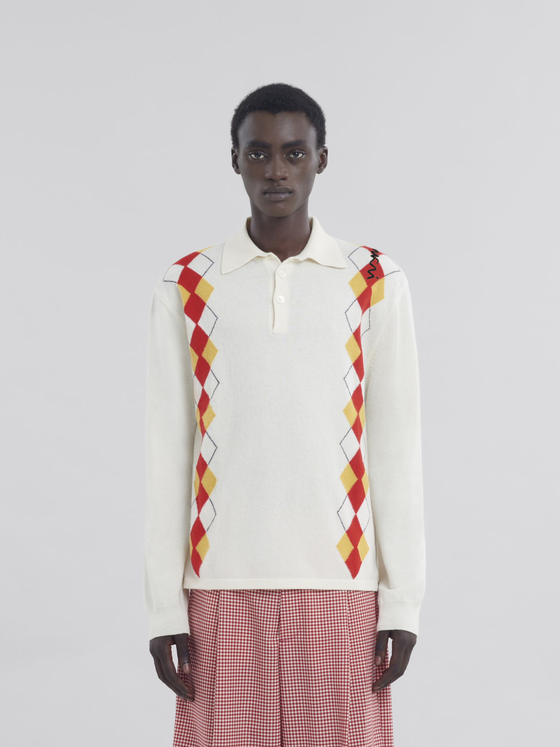 Long sleeved ivory polo shirt with intarsia Argyle detail - Shirts - Image 2